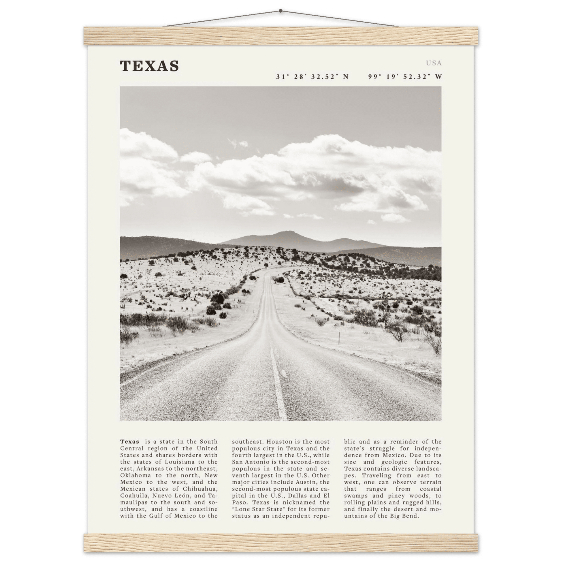 Texas Poster | Black & White Lone Star Road Wall Art | USA Travel Print Decor - Evergreen Posters