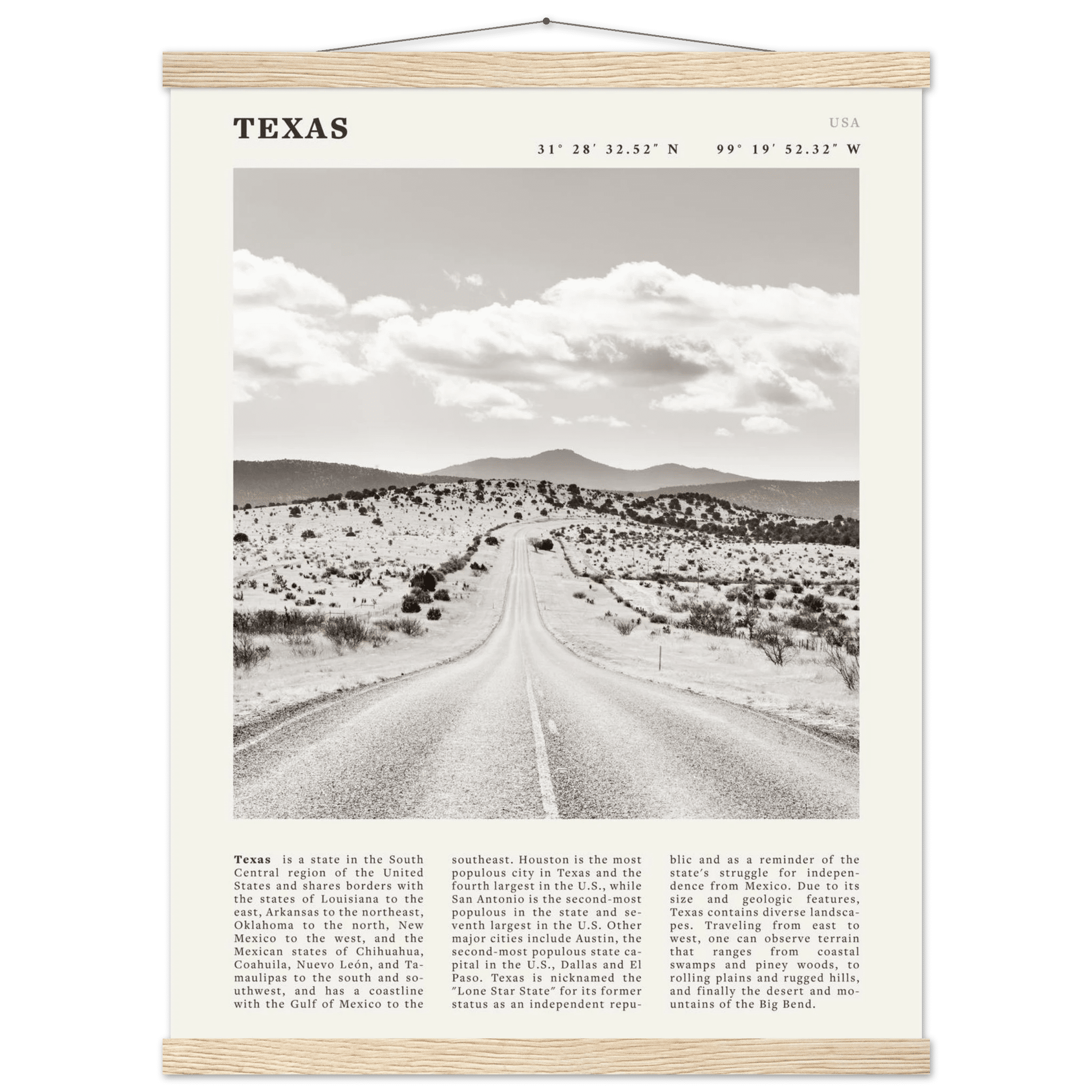 Texas Poster | Black & White Lone Star Road Wall Art | USA Travel Print Decor - Evergreen Posters
