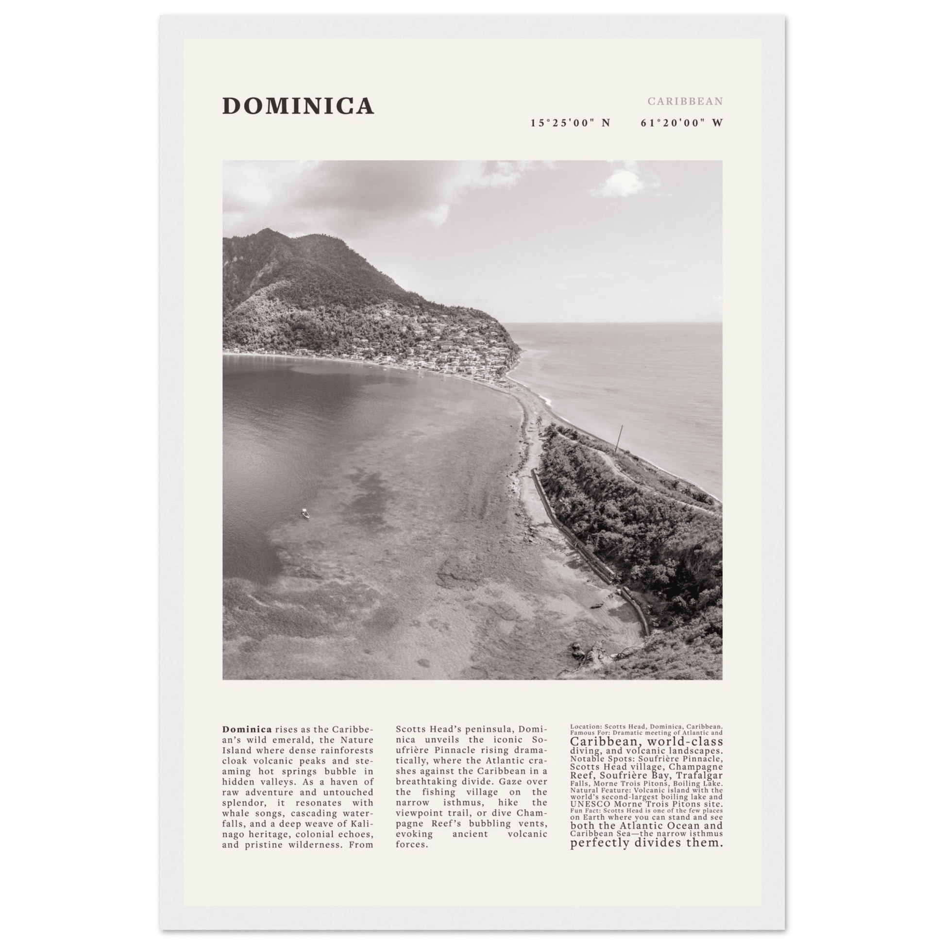 Dominica Poster Black and White – Vintage Caribbean Rainforest Island Print (Digital & Printed Options) - Evergreen Posters