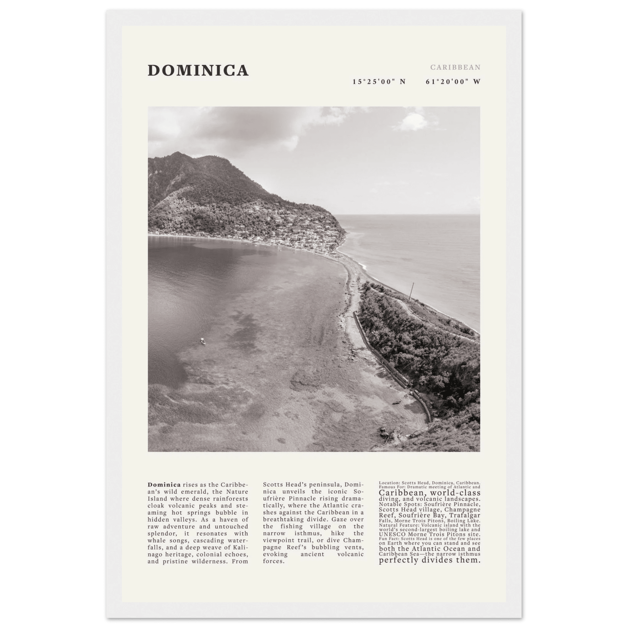Dominica Poster Black and White – Vintage Caribbean Rainforest Island Print (Digital & Printed Options) - Evergreen Posters