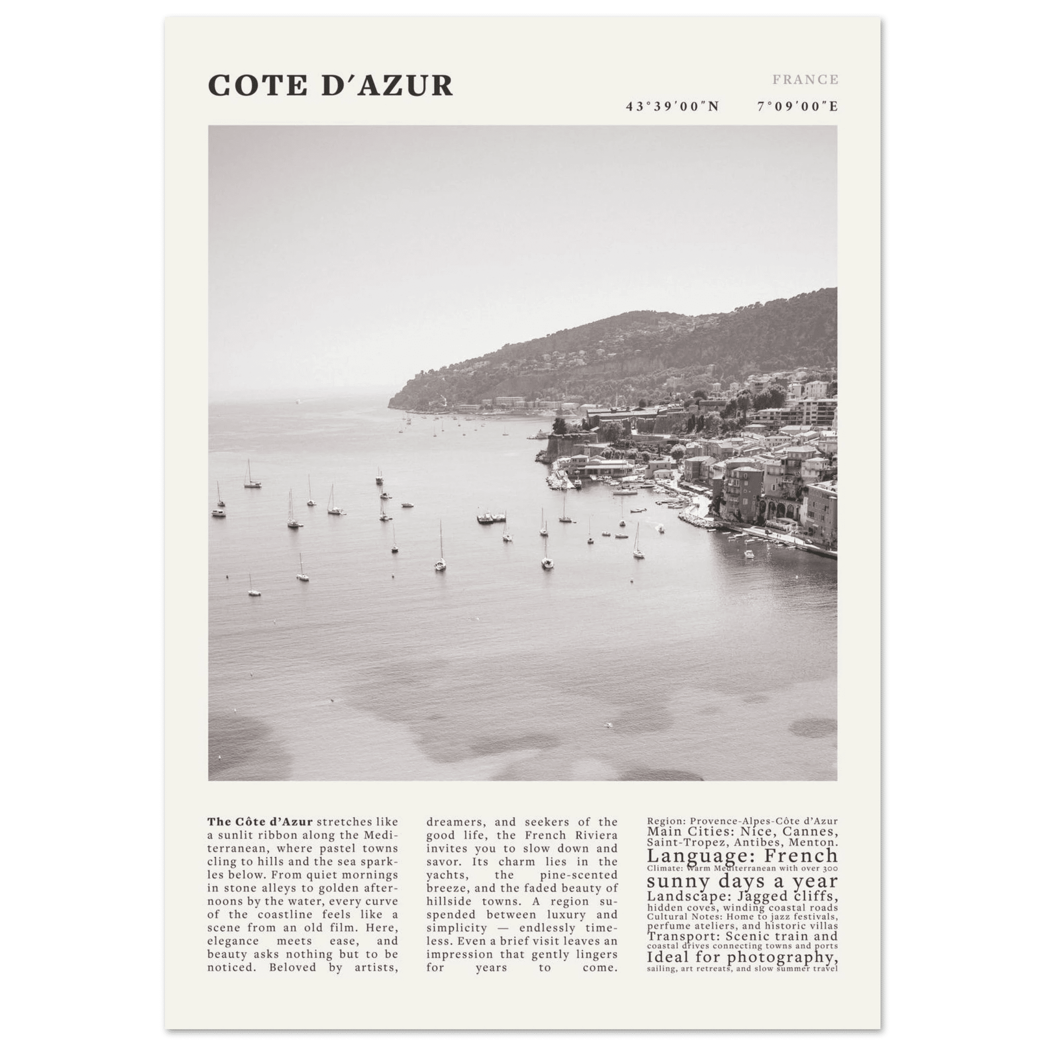 Côte d'Azur Poster Black and White – Vintage French Riviera Coast Print (Digital & Printed Options) - Evergreen Posters