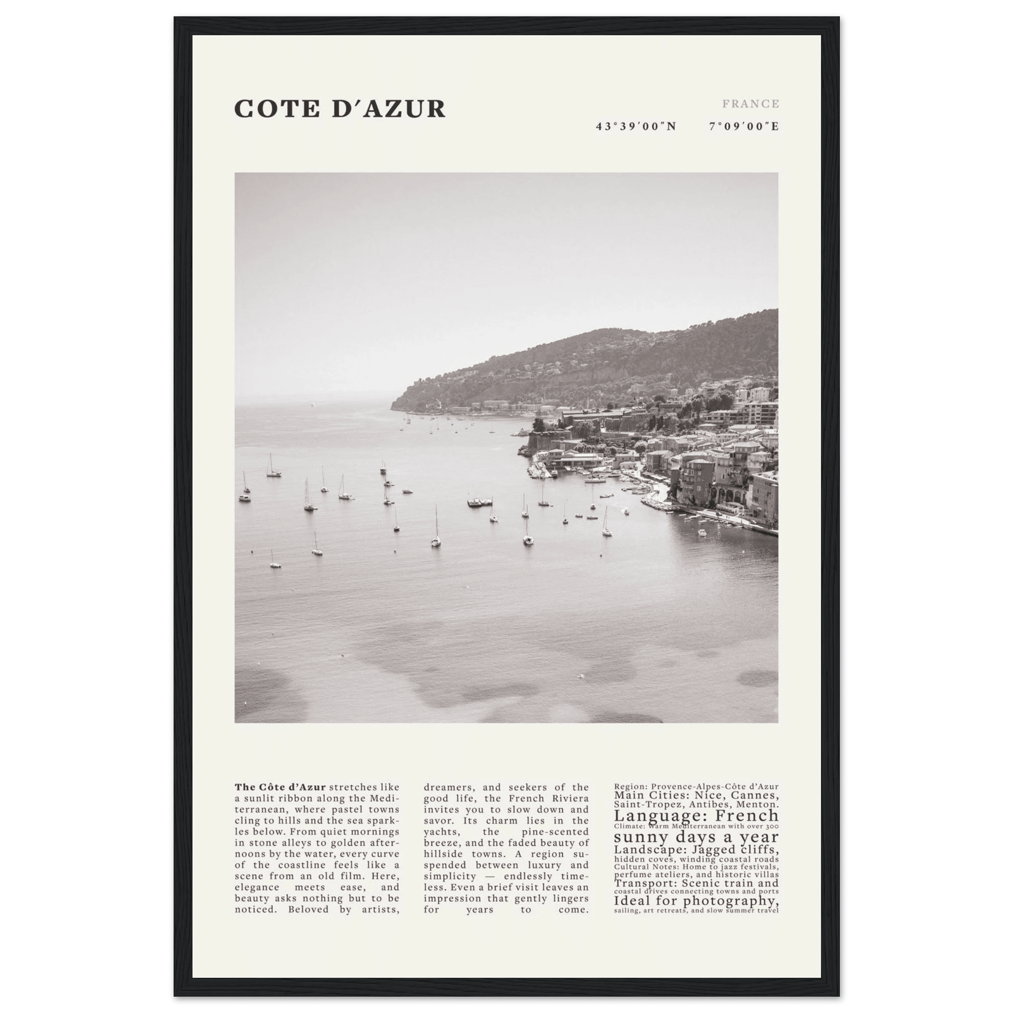 Côte d'Azur Poster Black and White – Vintage French Riviera Coast Print (Digital & Printed Options) - Evergreen Posters