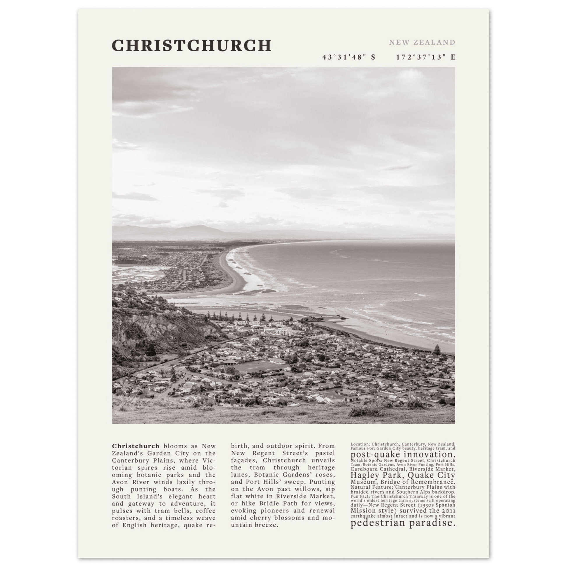 Christchurch New Zealand Poster Black and White – Vintage Garden City Panorama Print - Evergreen Posters