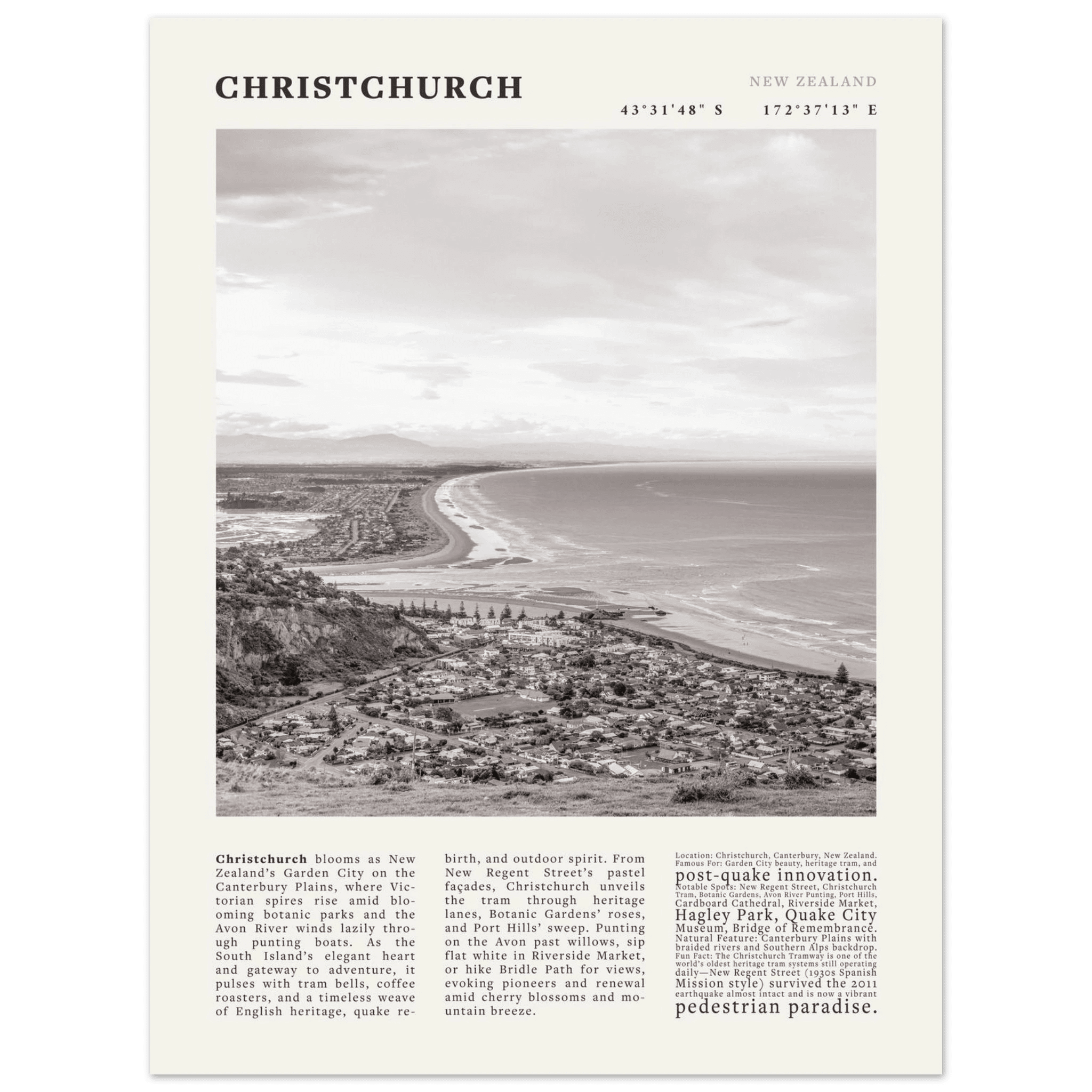 Christchurch New Zealand Poster Black and White – Vintage Garden City Panorama Print - Evergreen Posters