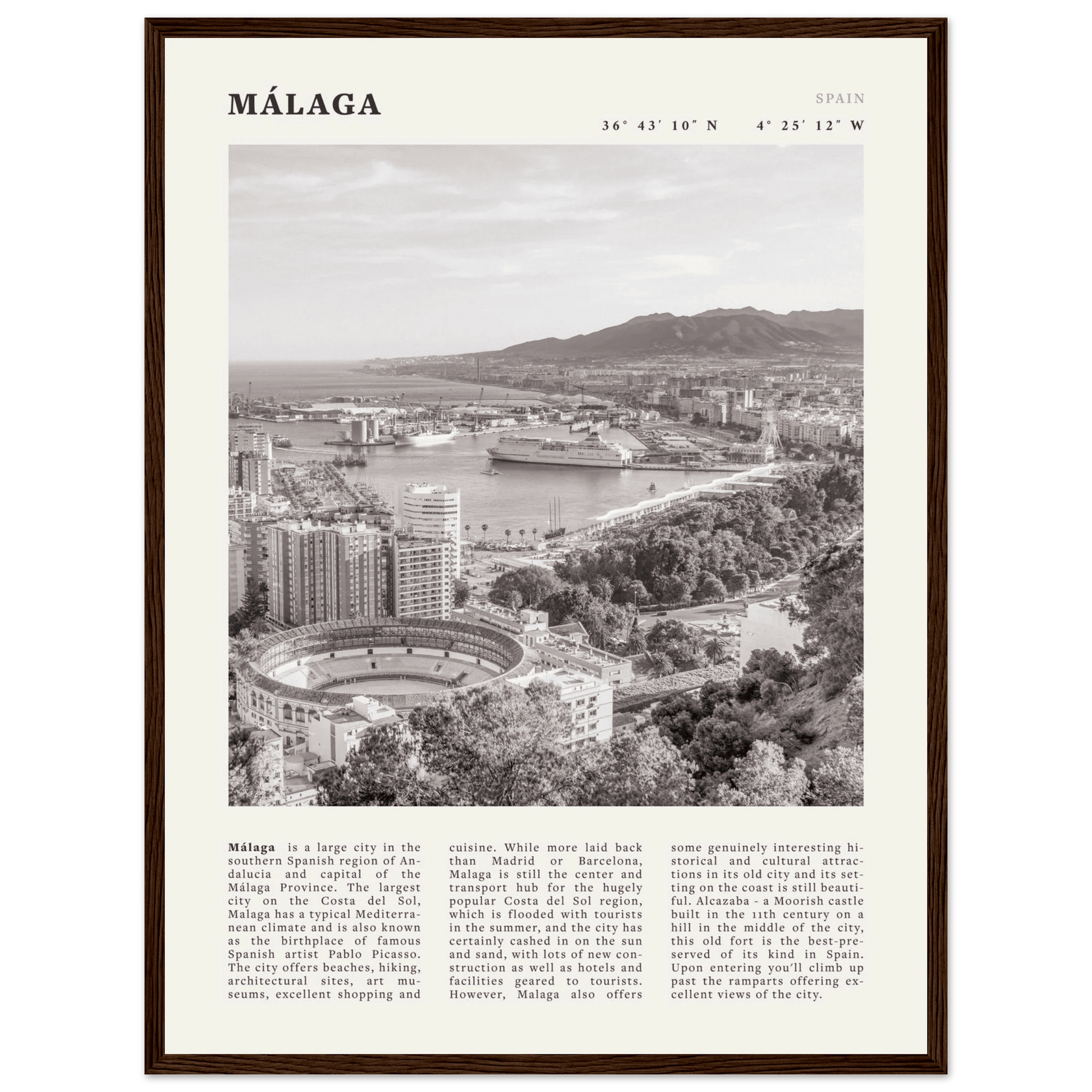 Málaga Poster | Black & White Costa del Sol Wall Art | Spain Travel Print - Evergreen Posters