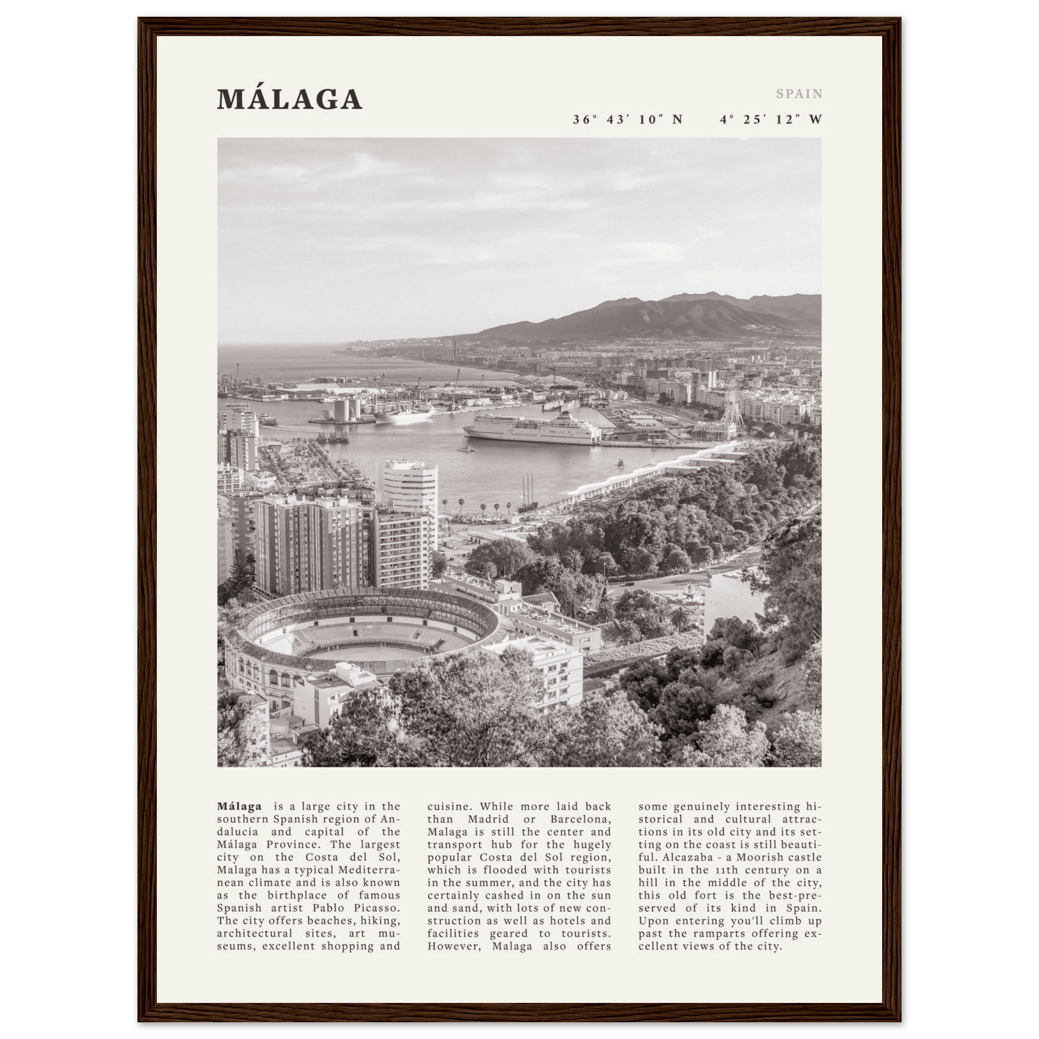 Málaga Poster | Black & White Costa del Sol Wall Art | Spain Travel Print - Evergreen Posters