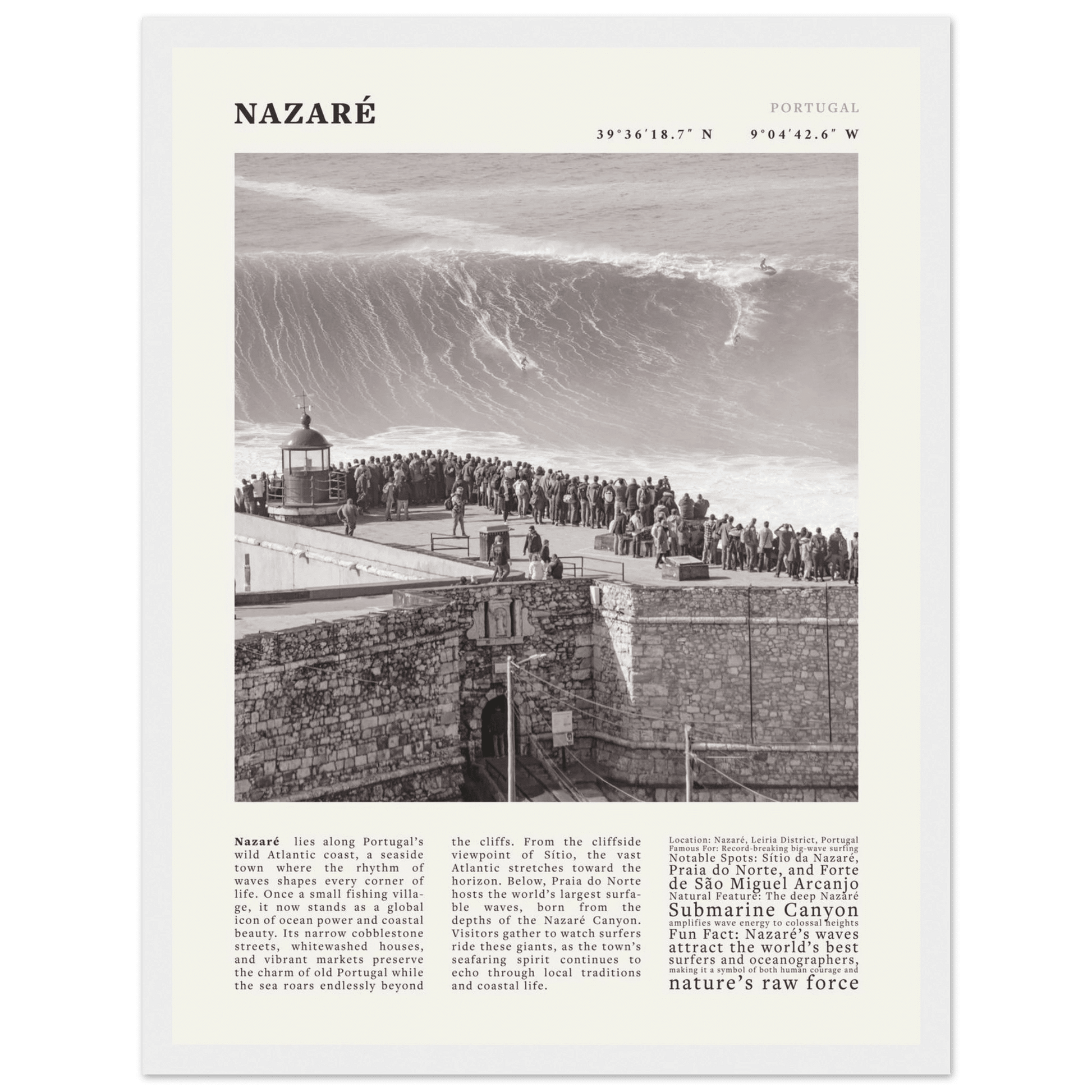 Nazaré Portugal Poster Black and White – Vintage Big Waves Surf Print (Digital & Printed Options) - Evergreen Posters