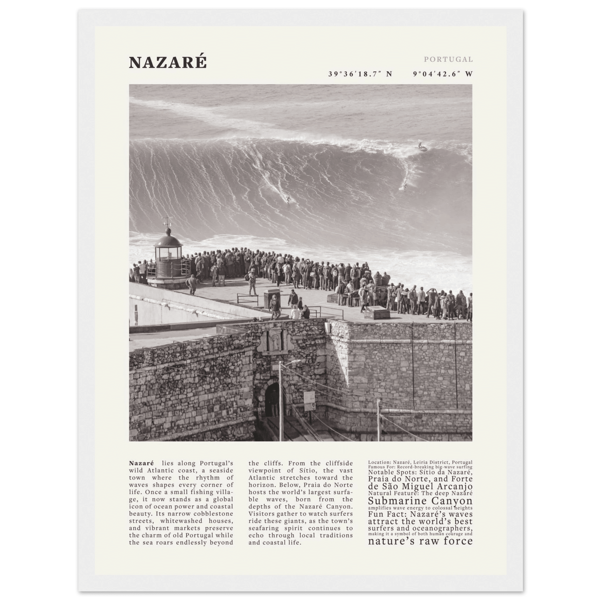 Nazaré Portugal Poster Black and White – Vintage Big Waves Surf Print (Digital & Printed Options) - Evergreen Posters