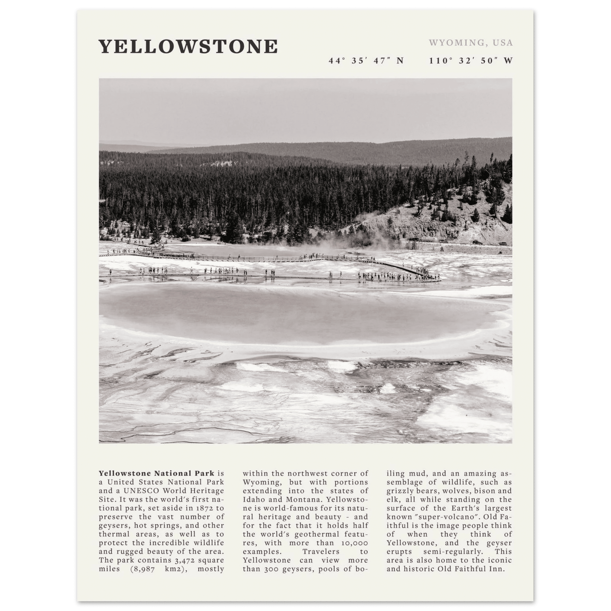 Yellowstone Poster | Black & White Grand Prismatic Spring Wall Art | WY Print - Evergreen Posters