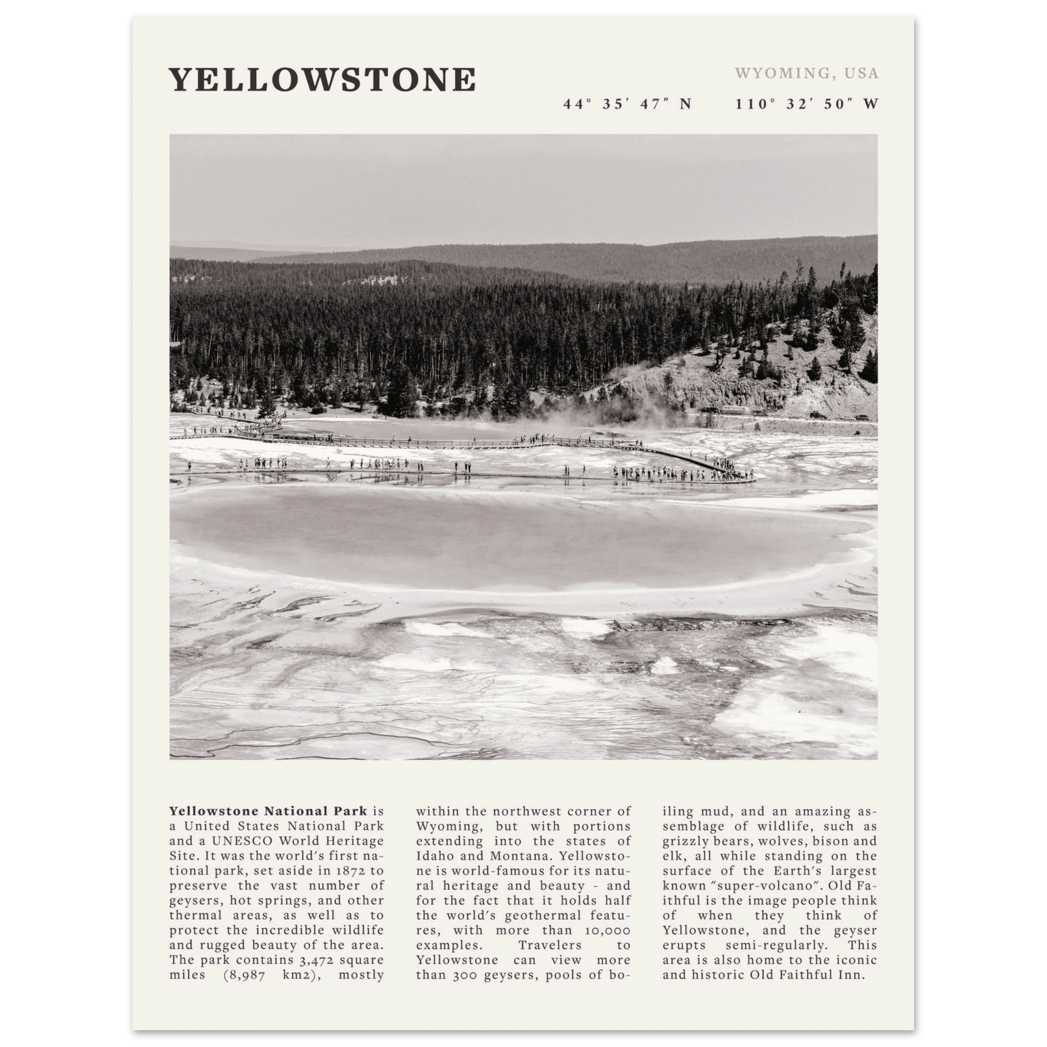 Yellowstone Poster | Black & White Grand Prismatic Spring Wall Art | WY Print - Evergreen Posters
