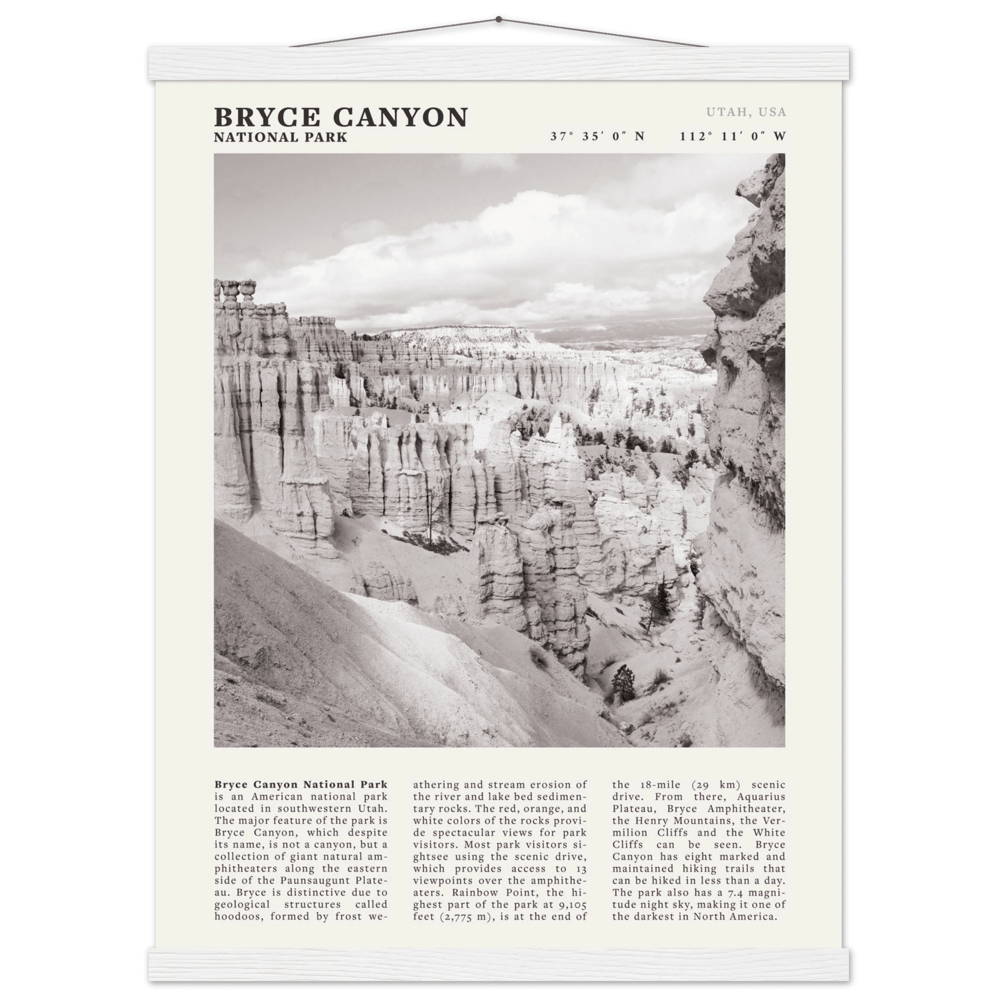 Bryce Canyon National Park Poster | Black & White Utah Hoodoos Wall Art Print - Evergreen Posters - 36