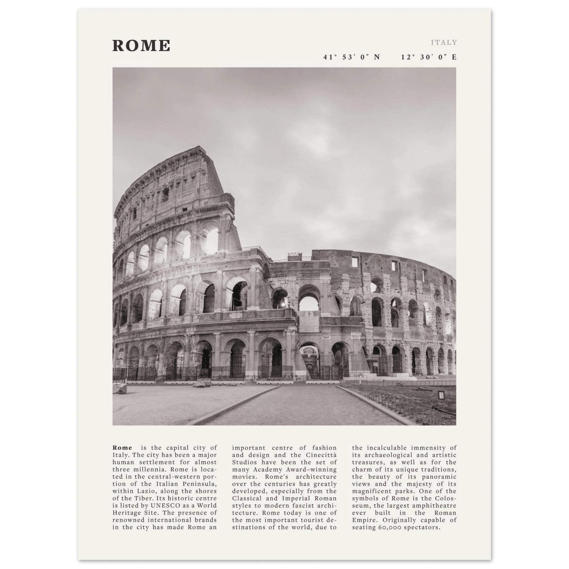 Rome Poster | Black & White Colosseum Wall Art | Italy Travel Print | Roman Decor - Evergreen Posters