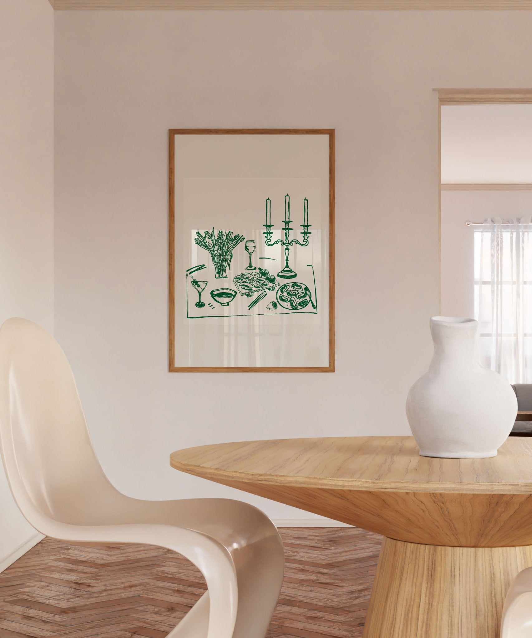 Fine Dining Table Print | Green Line Art Kitchen Wall Art | Elegant Dining Room Poster - Evergreen Posters
