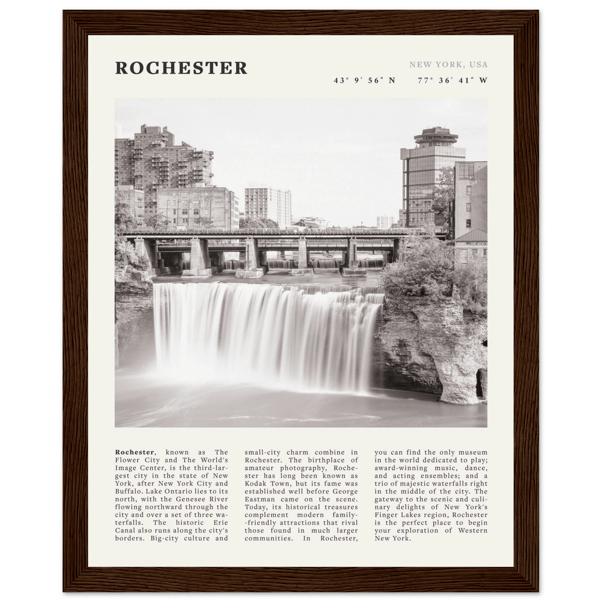 Rochester Poster | Black & White High Falls Wall Art | New York Travel Print - Evergreen Posters