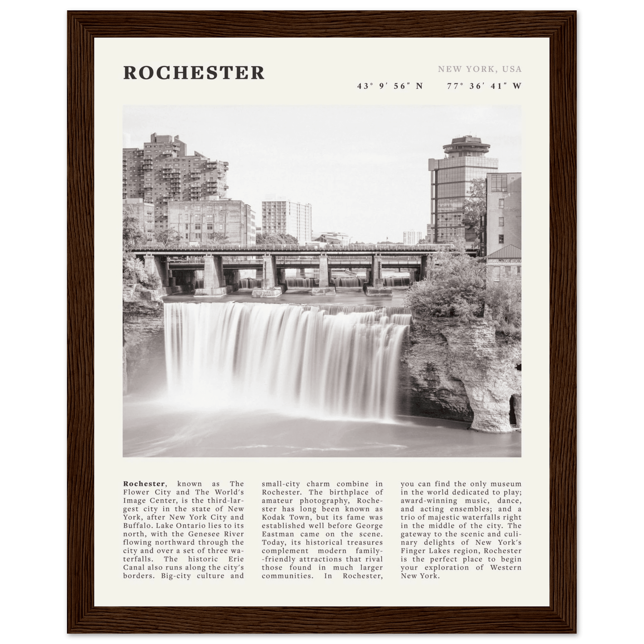 Rochester Poster | Black & White High Falls Wall Art | New York Travel Print - Evergreen Posters