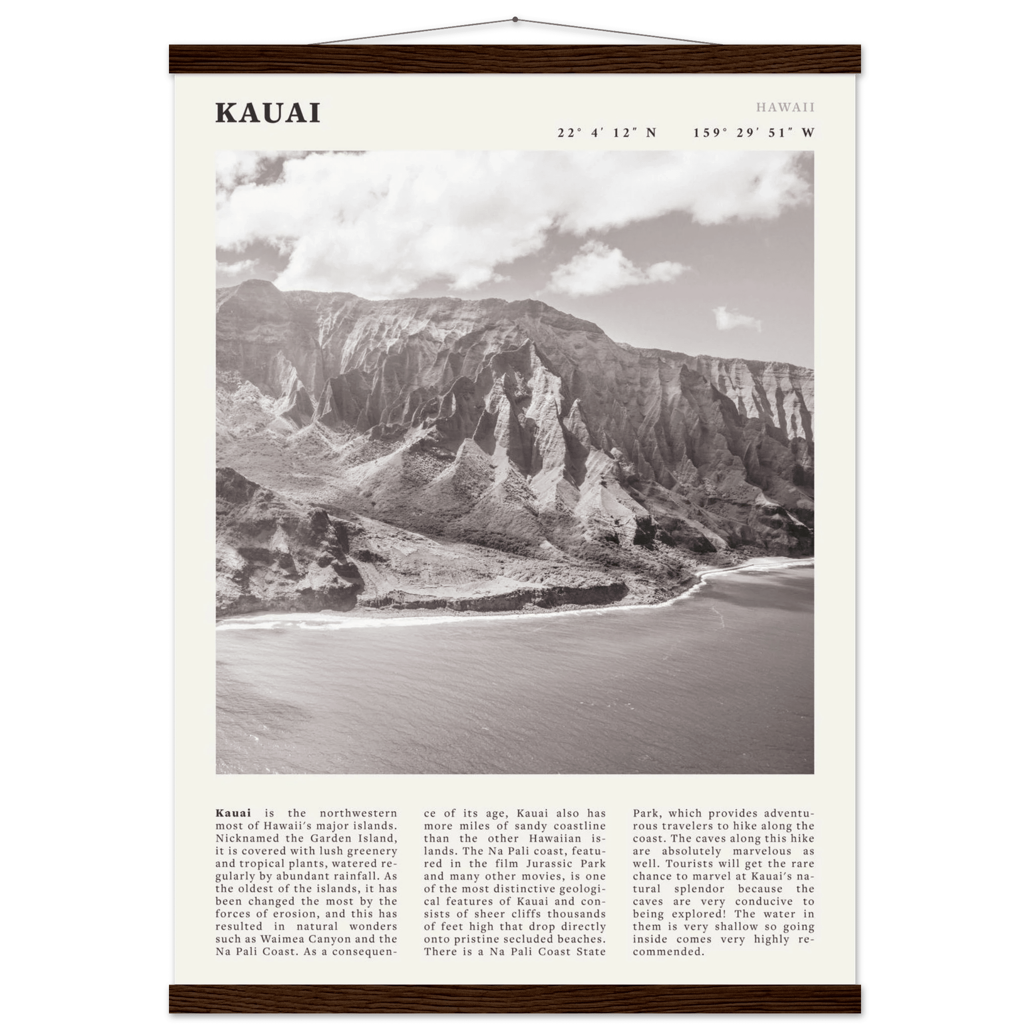 Kauai Poster | Black & White Na Pali Coast Wall Art | Hawaii Travel Print Decor - Evergreen Posters