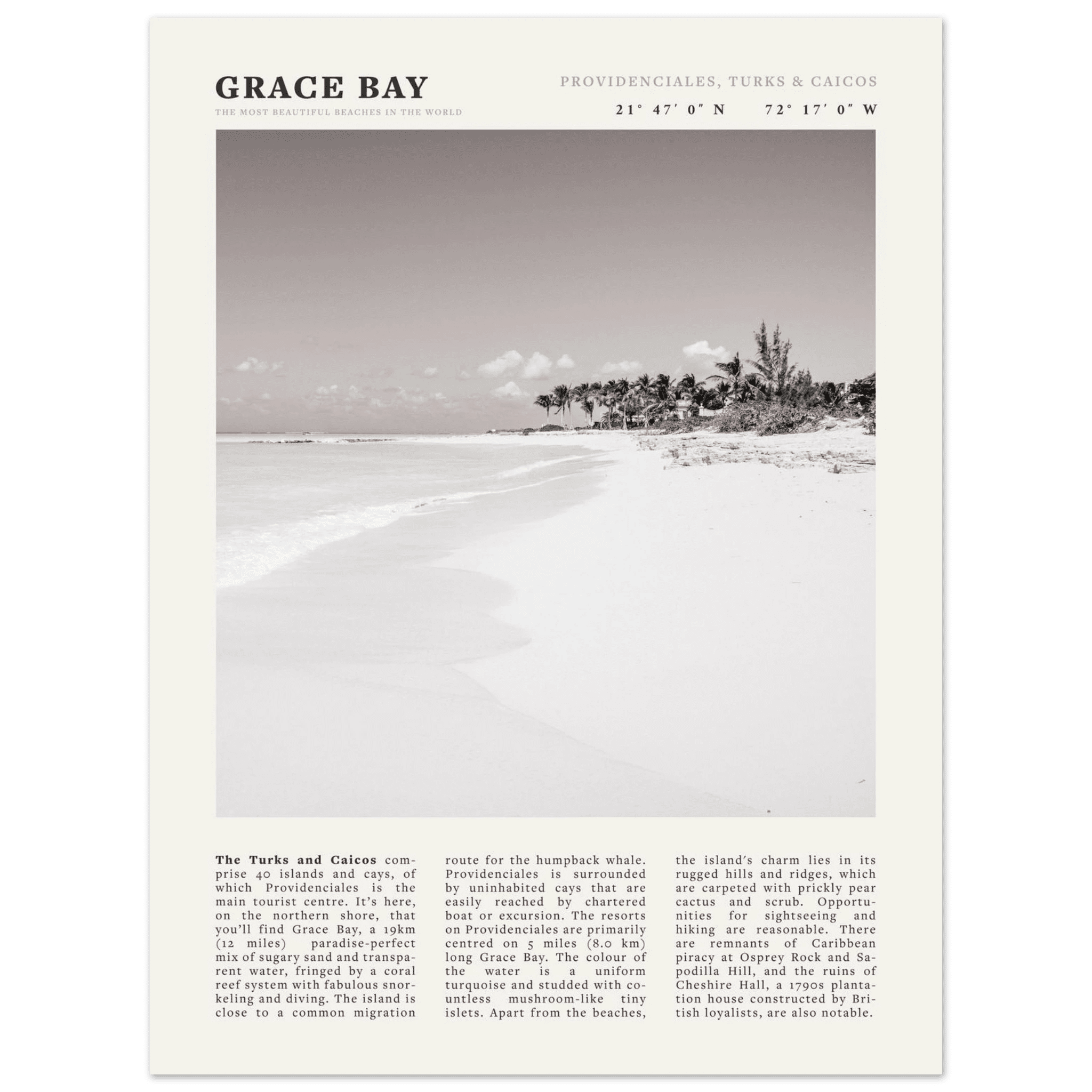 Grace Bay Poster | Black & White Turks & Caicos Wall Art | Caribbean Beach Print - Evergreen Posters
