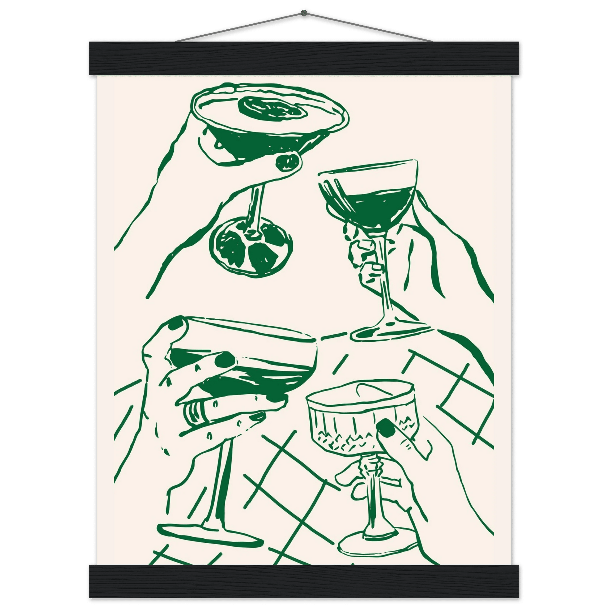 Cheers Print | Forest Green Cocktail Glasses Wall Art | Kitchen Bar Poster - Evergreen Posters