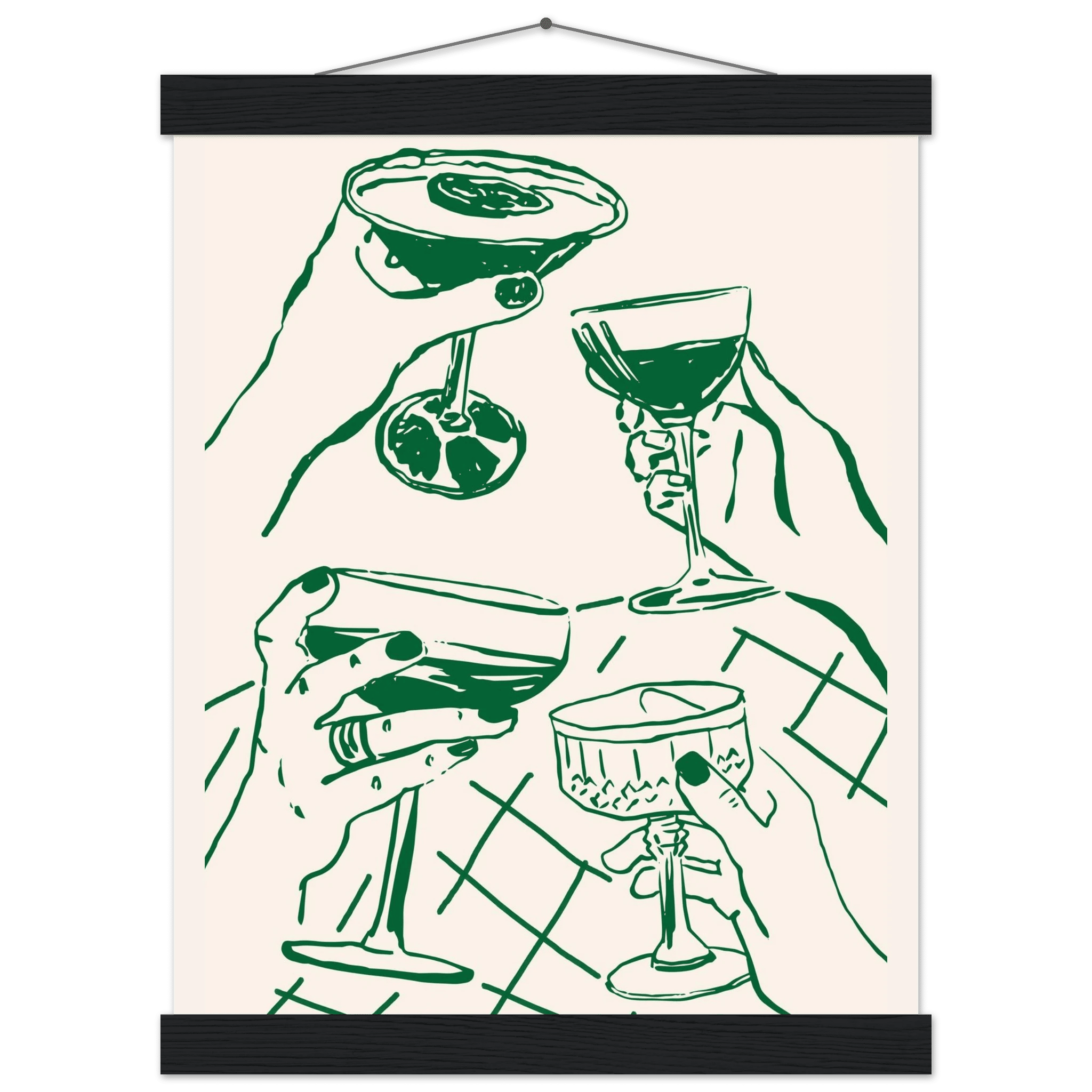 Cheers Print | Forest Green Cocktail Glasses Wall Art | Kitchen Bar Poster - Evergreen Posters