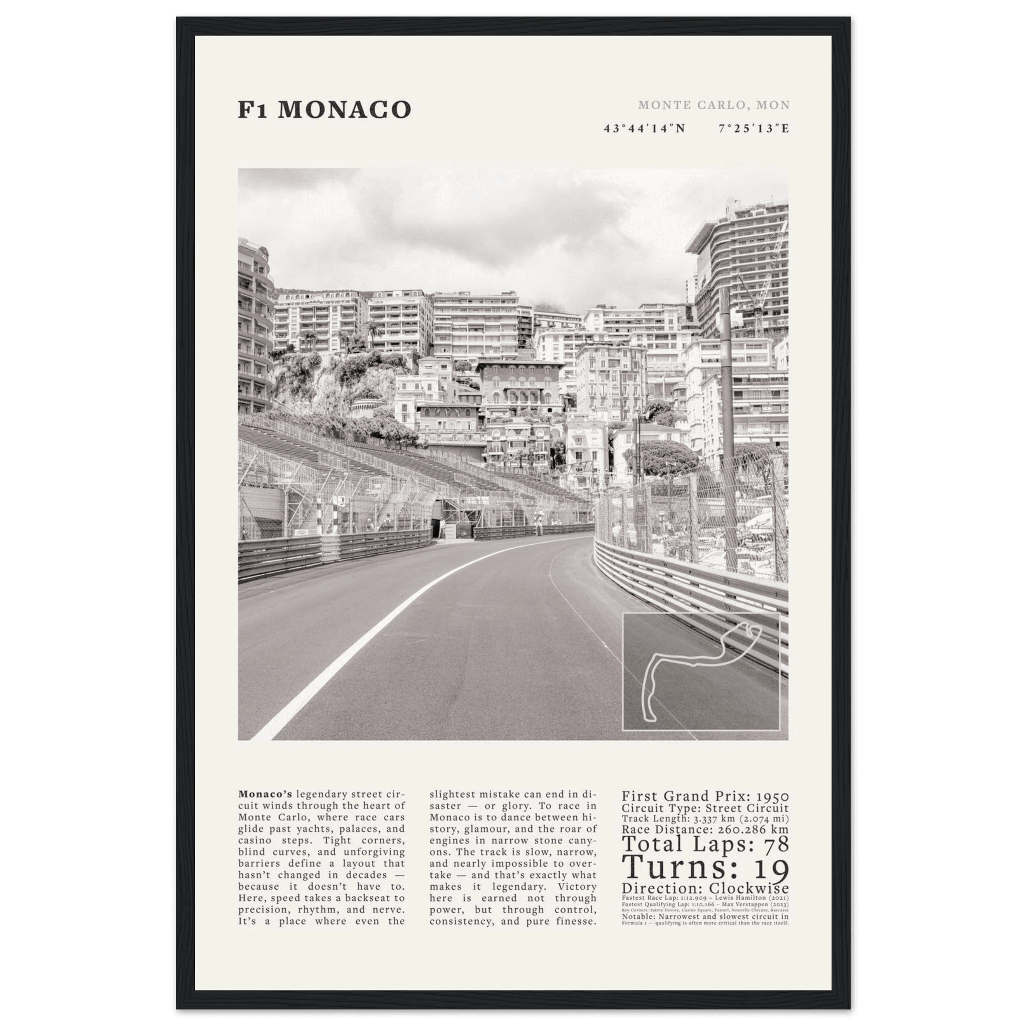 F1 Monaco Poster Black and White – Vintage Monte Carlo Street Circuit Print (Digital & Printed Options) - Evergreen Posters