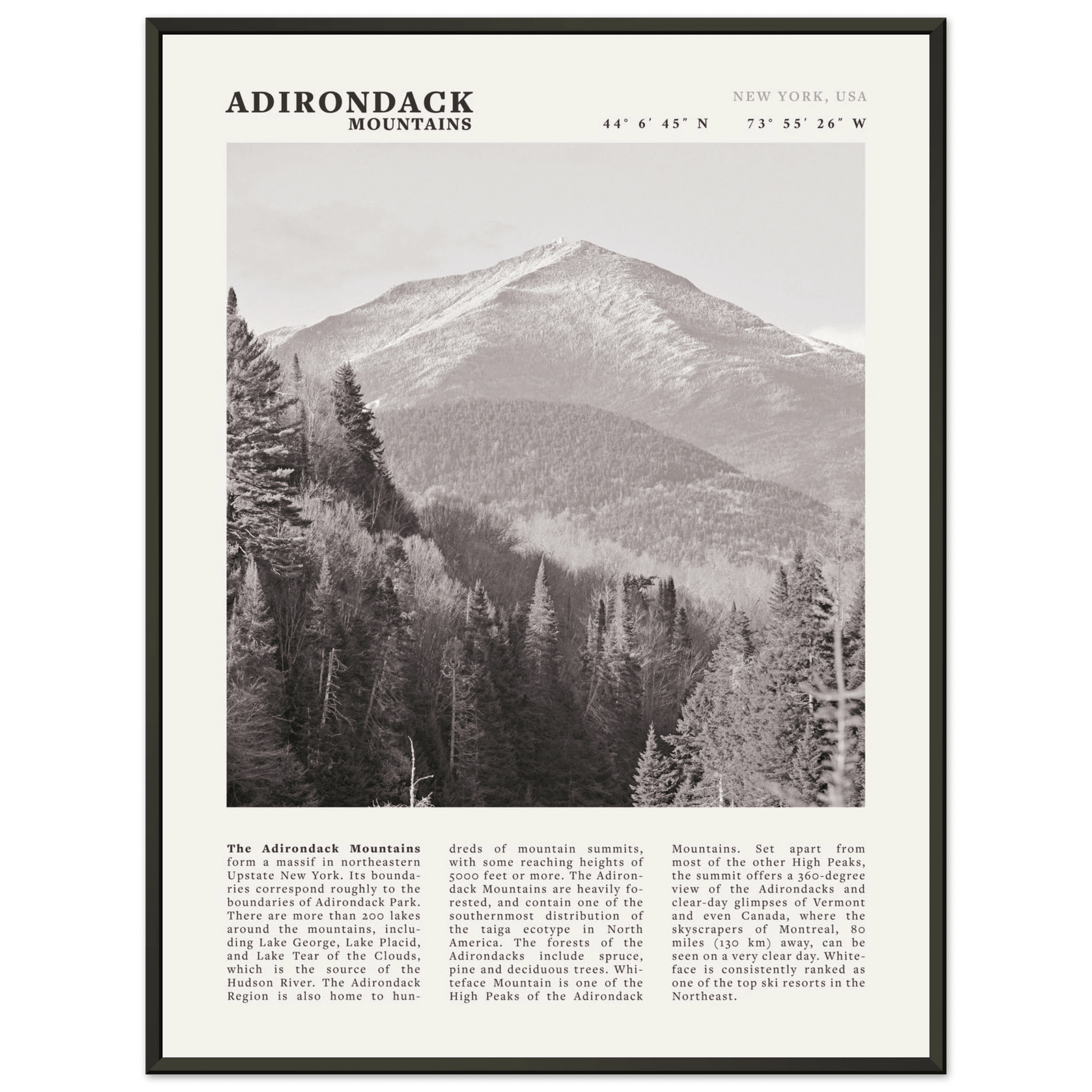 Adirondack Mountains Poster | Black & White New York Nature Wall Art | Hiking Print - Evergreen Posters