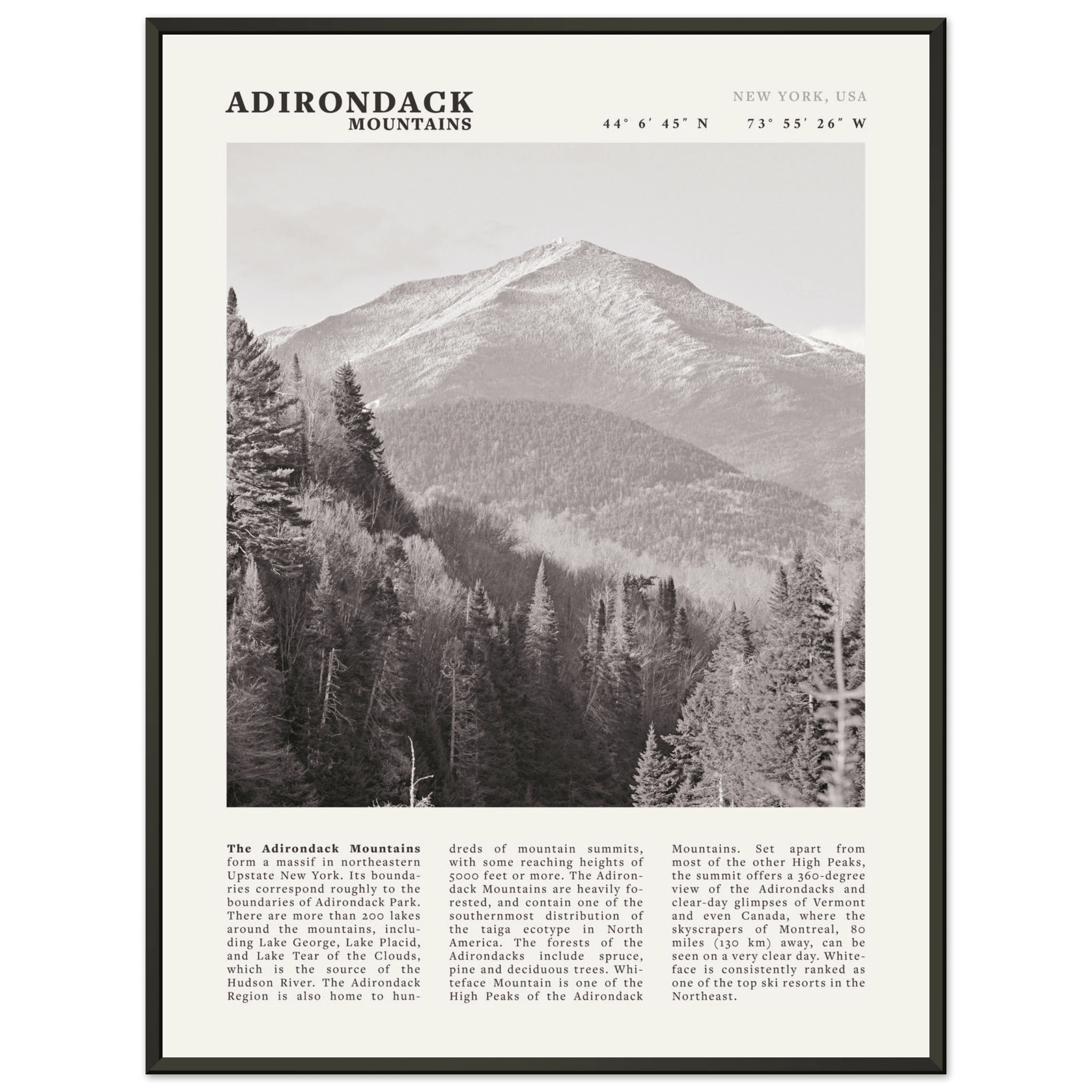 Adirondack Mountains Poster | Black & White New York Nature Wall Art | Hiking Print - Evergreen Posters