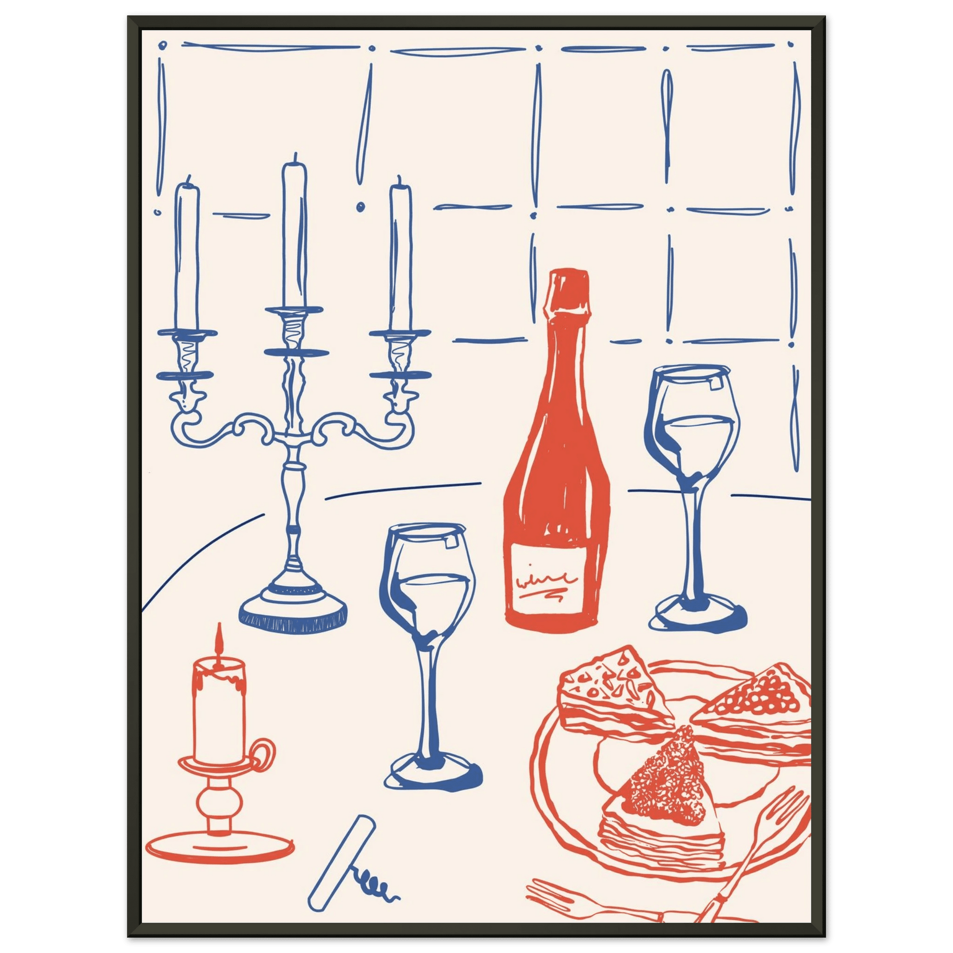 Candlelight Dinner Print | Wine & Candelabra Line Art Wall Art | Kitchen Poster - Evergreen Posters