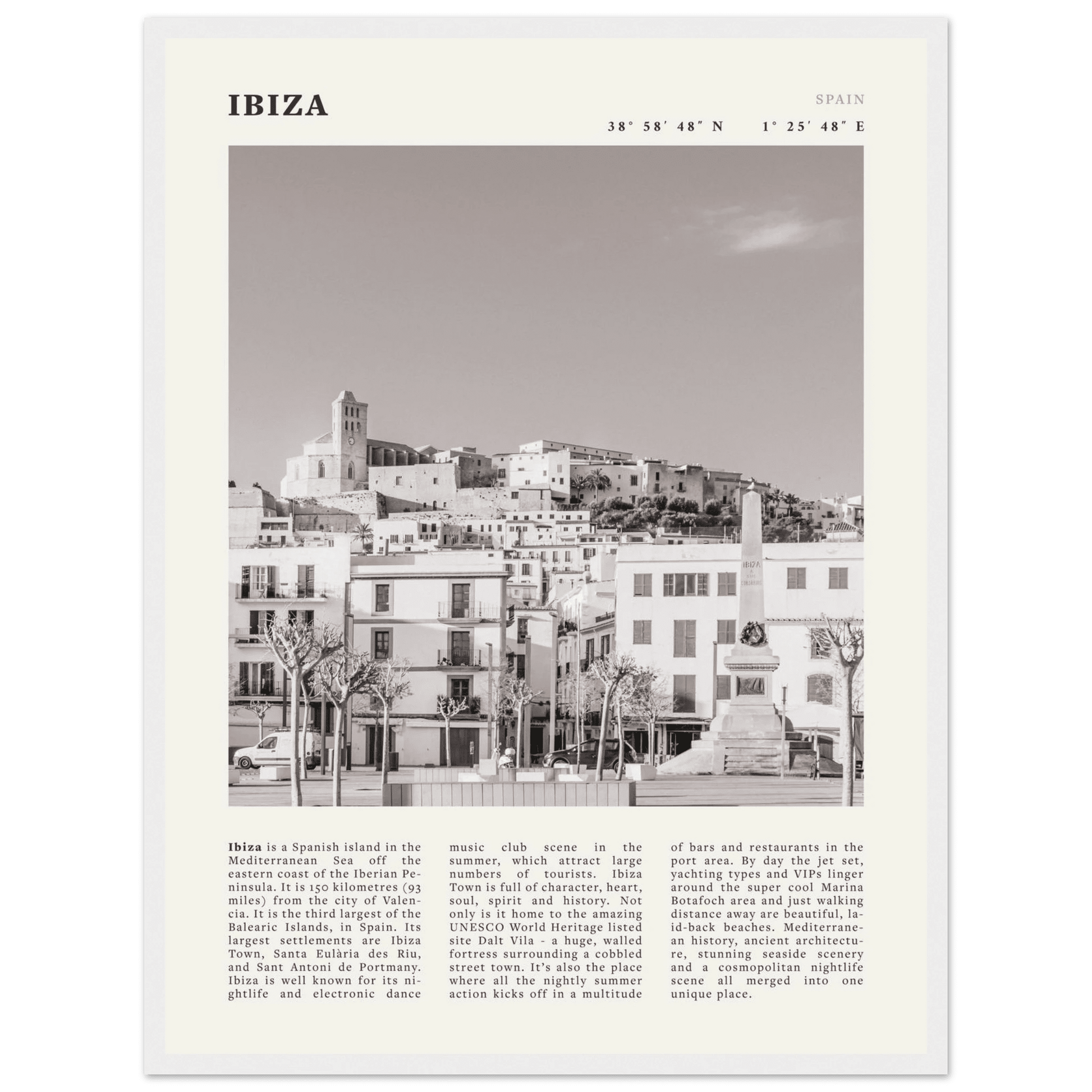 Ibiza Poster | Black & White Spanish Island Wall Art | Spain Travel Print - Evergreen Posters