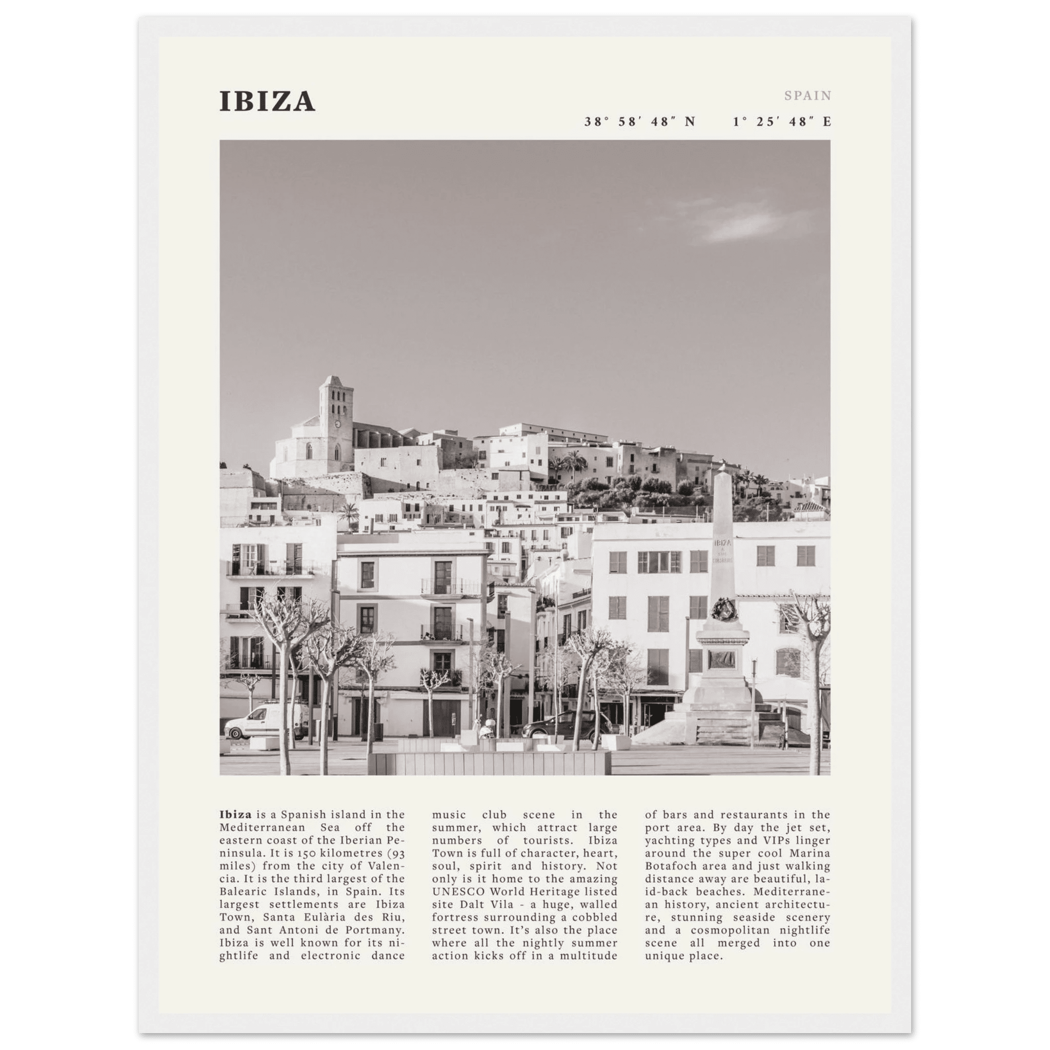 Ibiza Poster | Black & White Spanish Island Wall Art | Spain Travel Print - Evergreen Posters