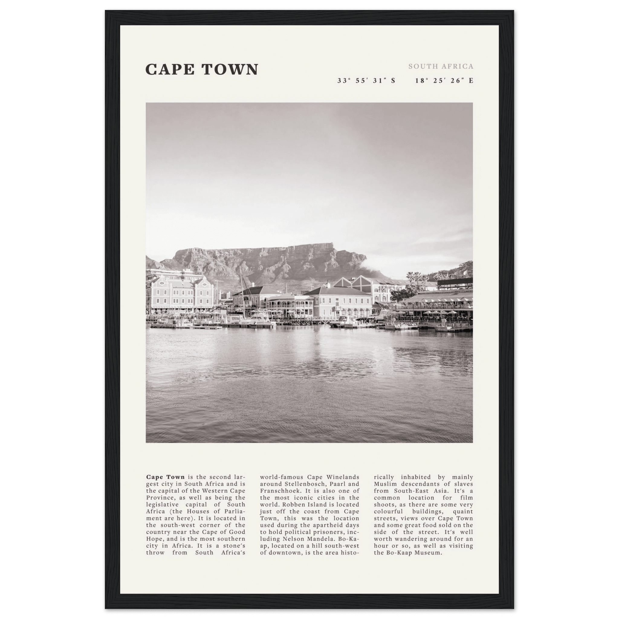 Cape Town Poster | Black & White Table Mountain Wall Art | South Africa Travel Print - Evergreen Posters