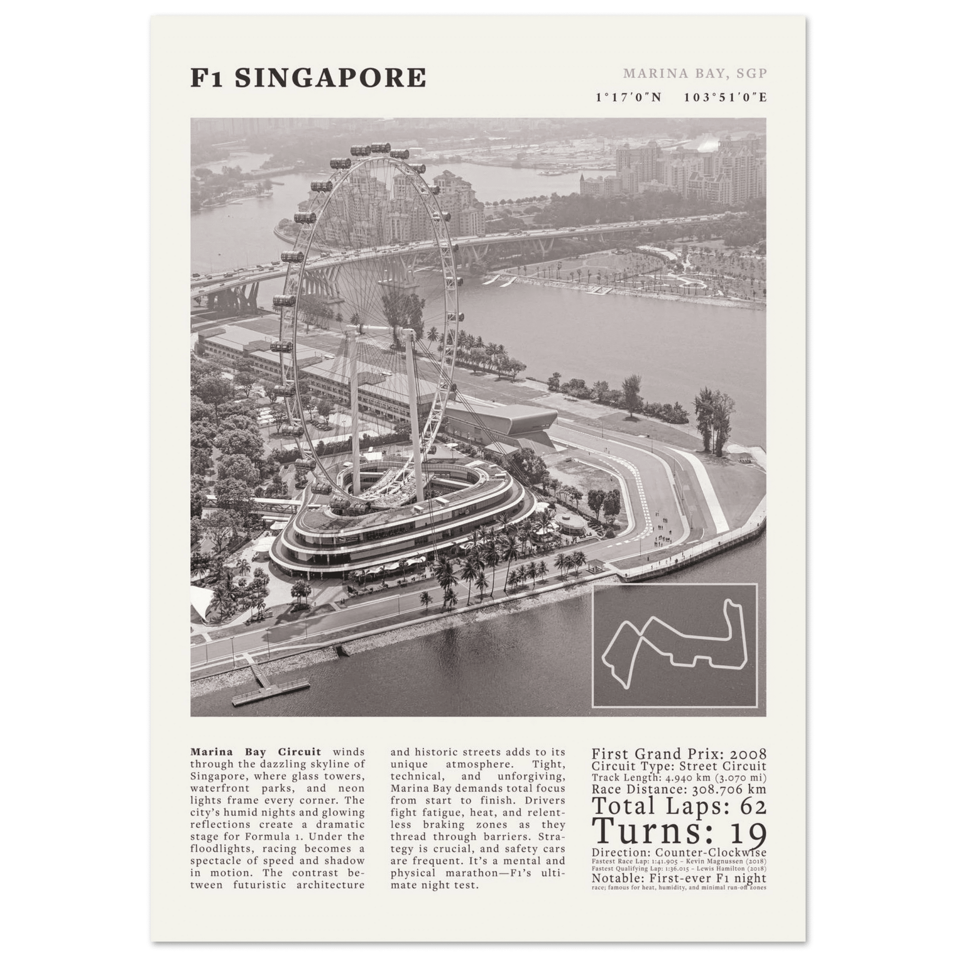 F1 Singapore Poster Black and White – Vintage Marina Bay Night Race Print (Digital & Printed Options) - Evergreen Posters
