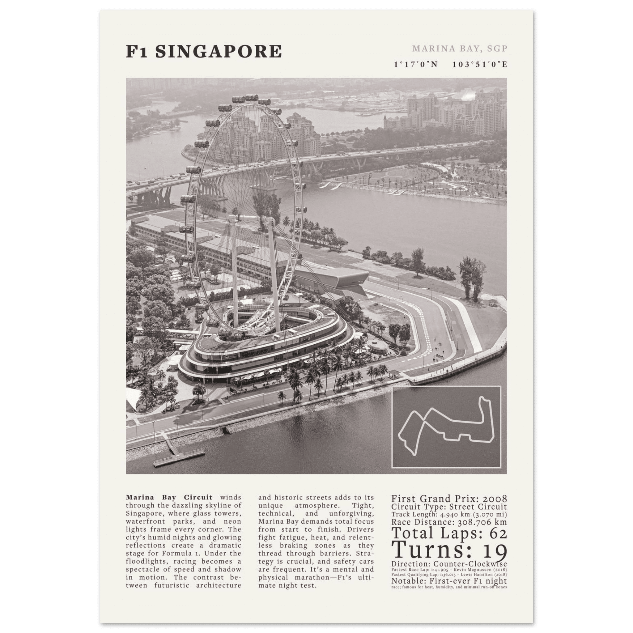F1 Singapore Poster Black and White – Vintage Marina Bay Night Race Print (Digital & Printed Options) - Evergreen Posters