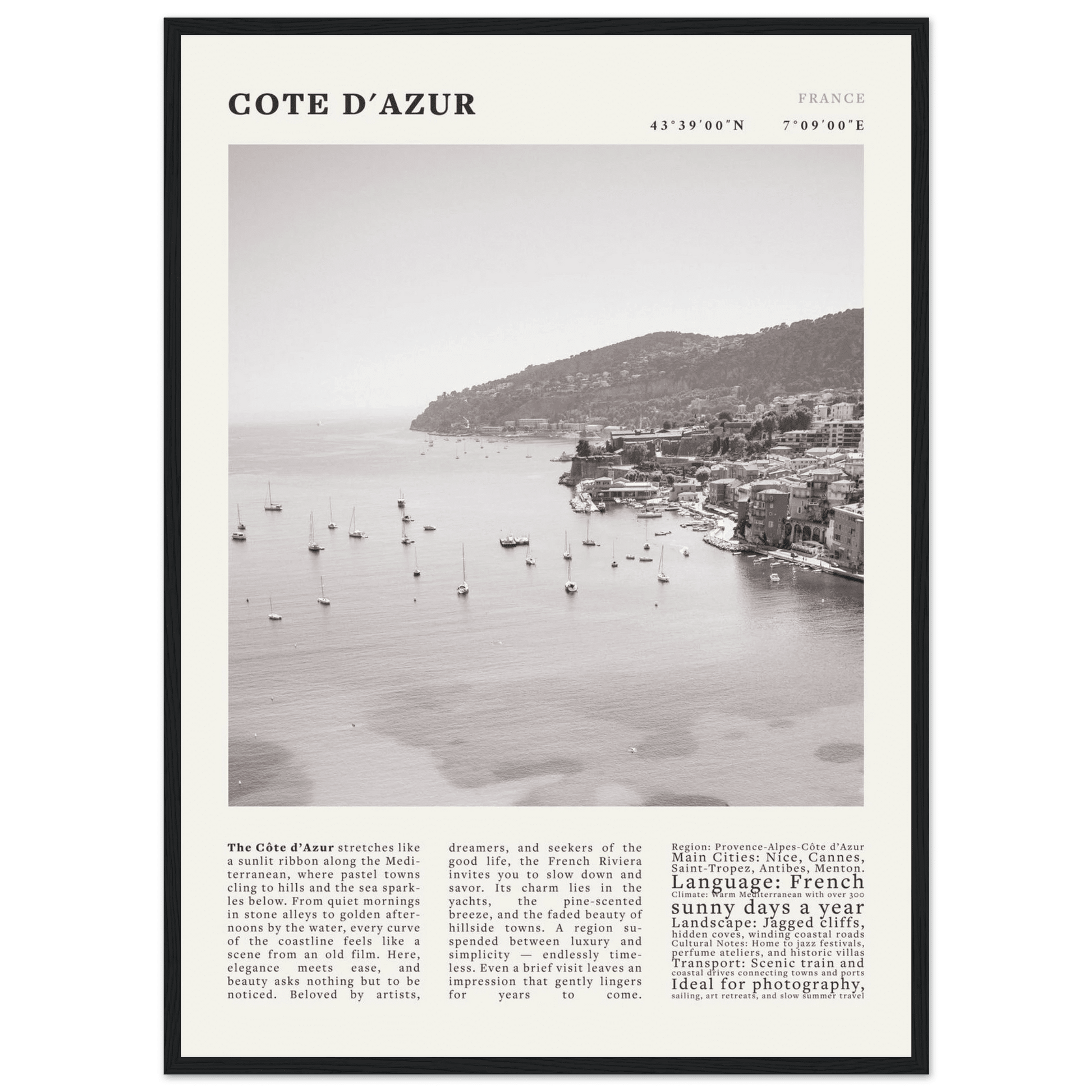 Côte d'Azur Poster Black and White – Vintage French Riviera Coast Print (Digital & Printed Options) - Evergreen Posters