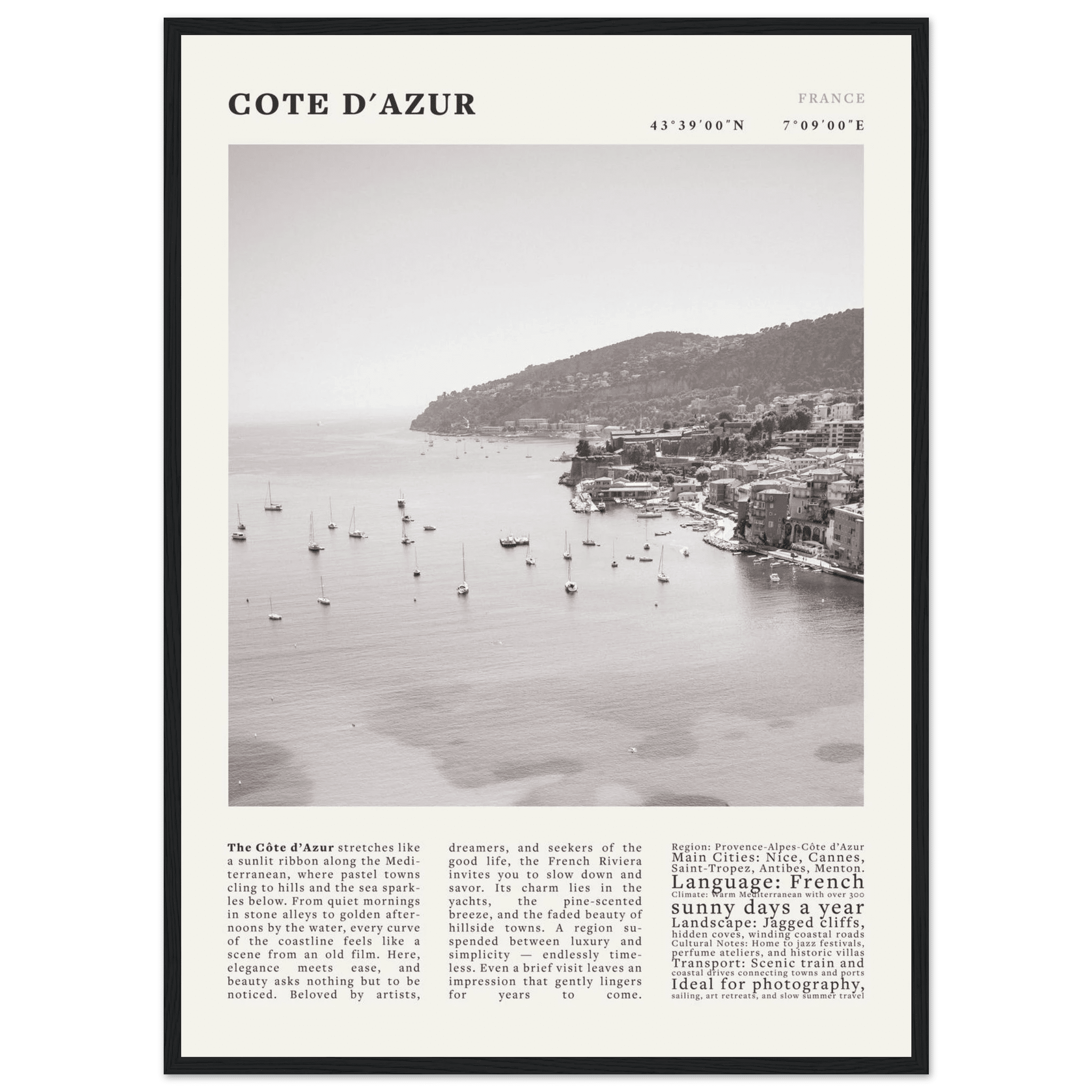 Côte d'Azur Poster Black and White – Vintage French Riviera Coast Print (Digital & Printed Options) - Evergreen Posters