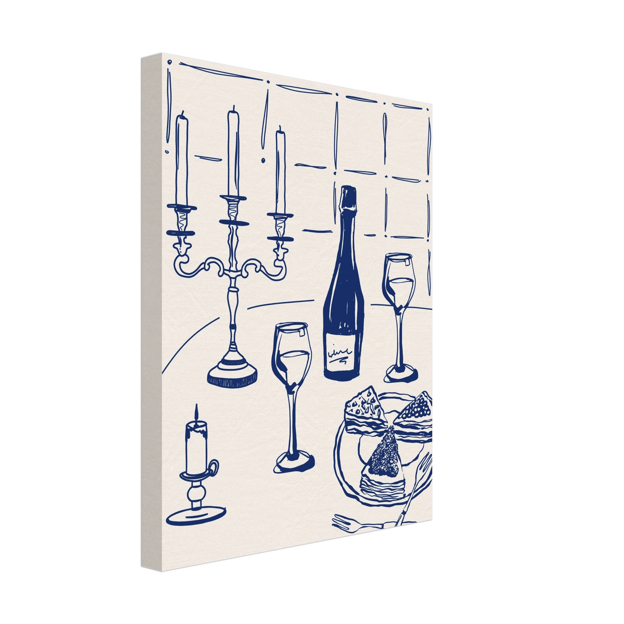 Candlelight Dinner Print | Navy Blue Wine & Candelabra Line Art | Kitchen Poster - Evergreen Posters