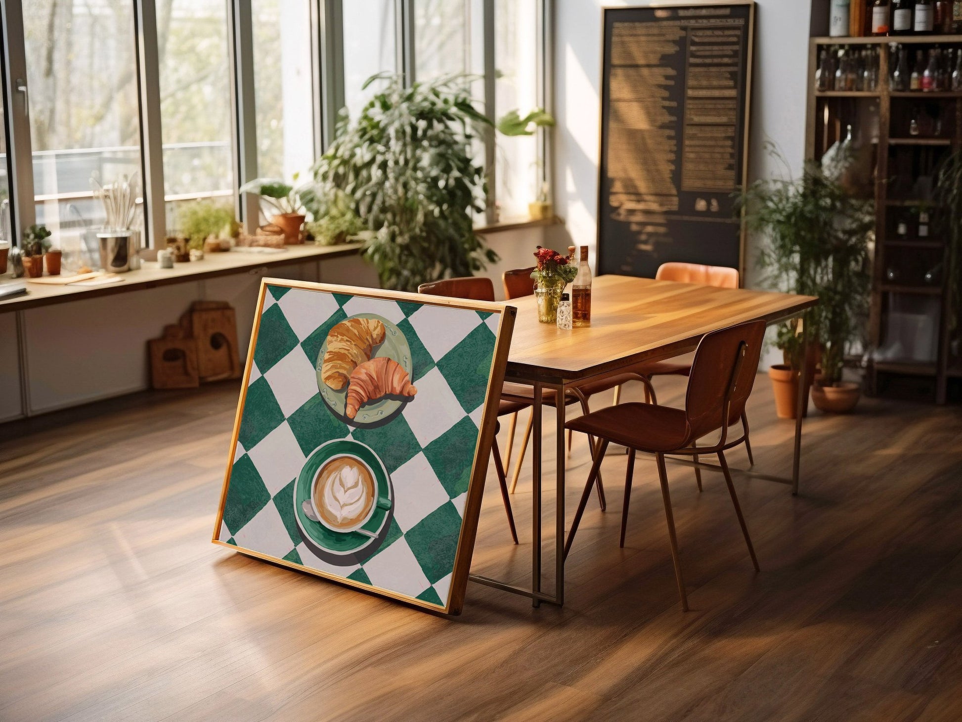 Croissant & Latte Poster | Classic Kitchen Wall Art | Green Tile Square Breakfast Print - Evergreen Posters - 42