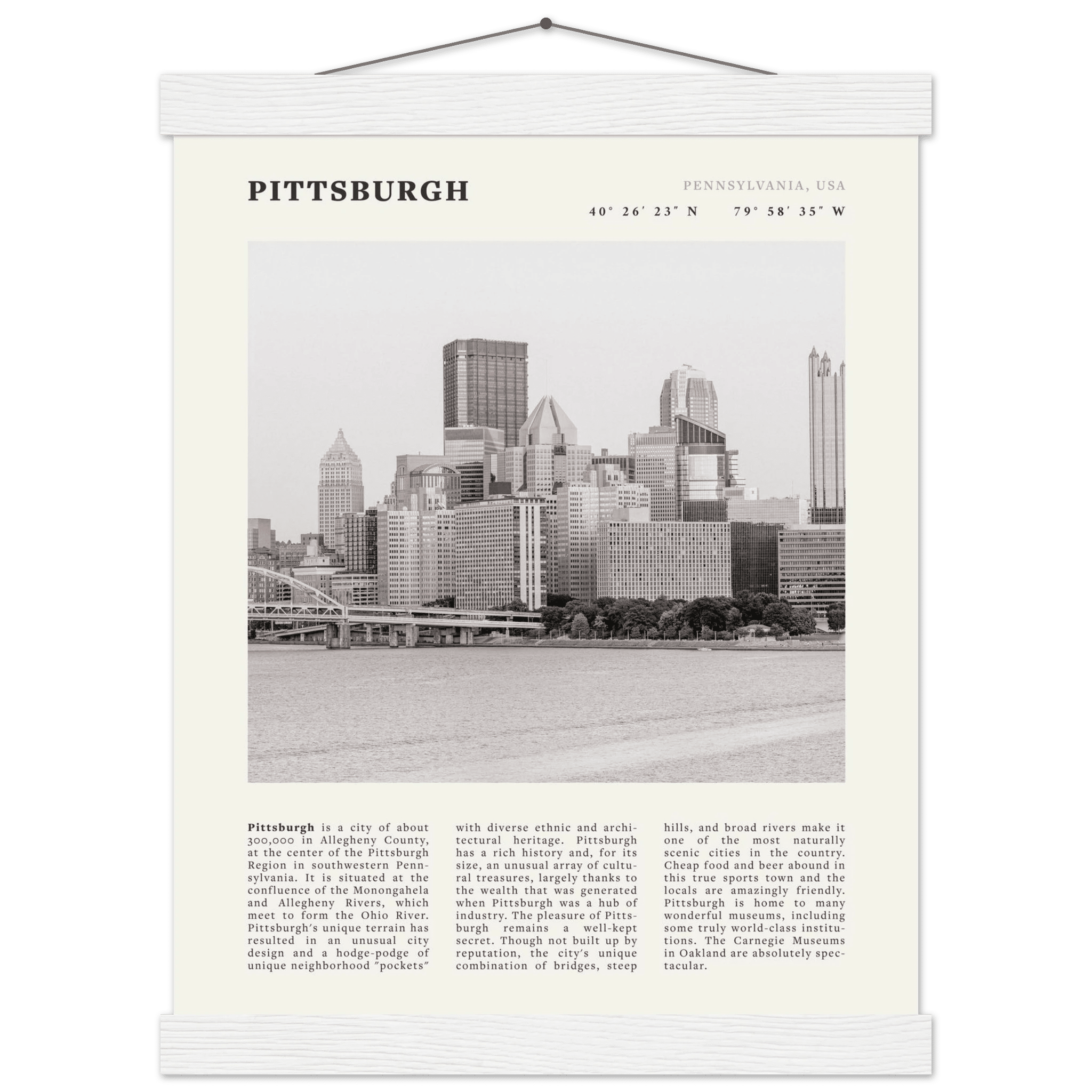 Pittsburgh Poster | Black & White Pennsylvania Skyline Wall Art | PA Travel Print - Evergreen Posters