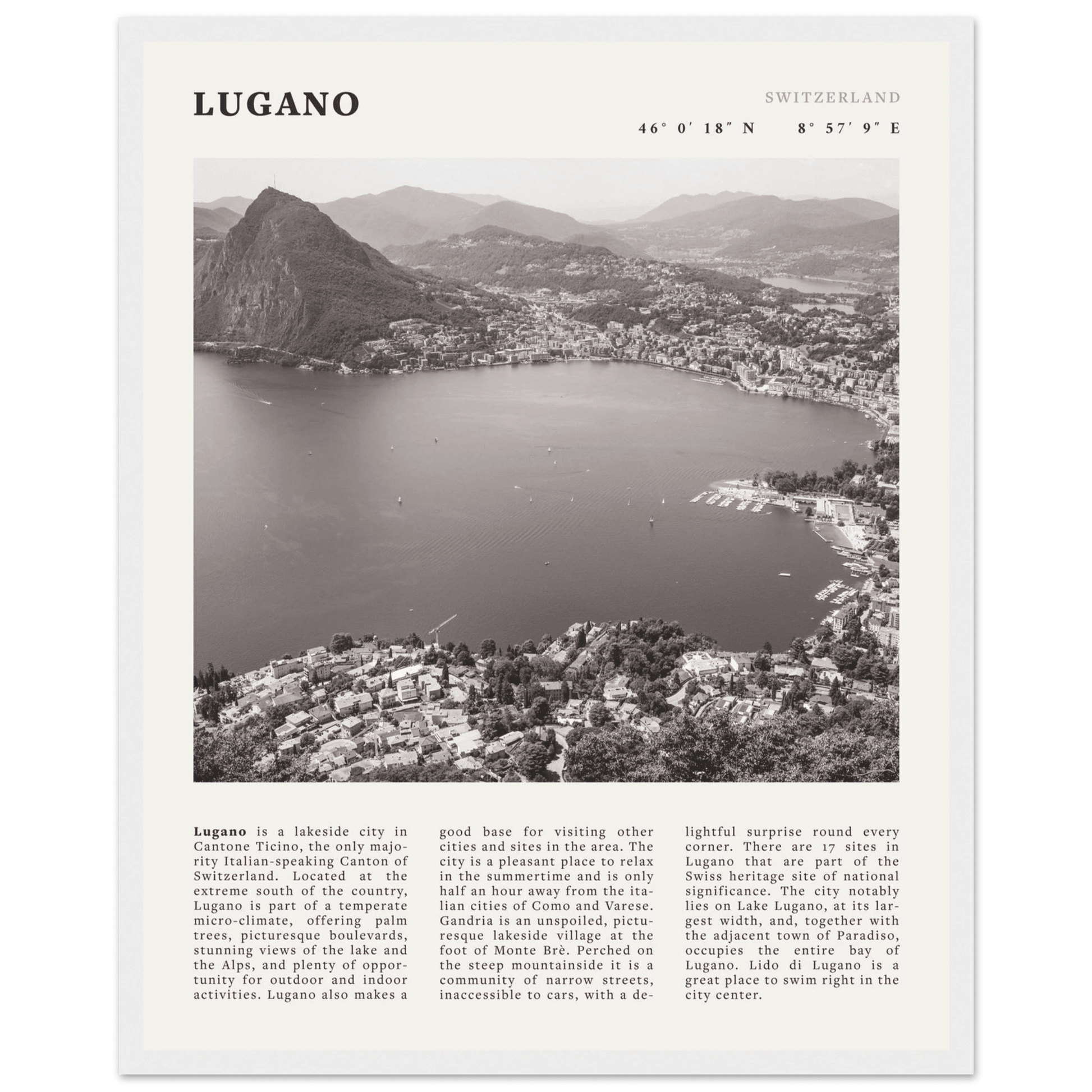 Lugano Poster | Black & White Swiss Lake Wall Art | Switzerland Travel Print - Evergreen Posters