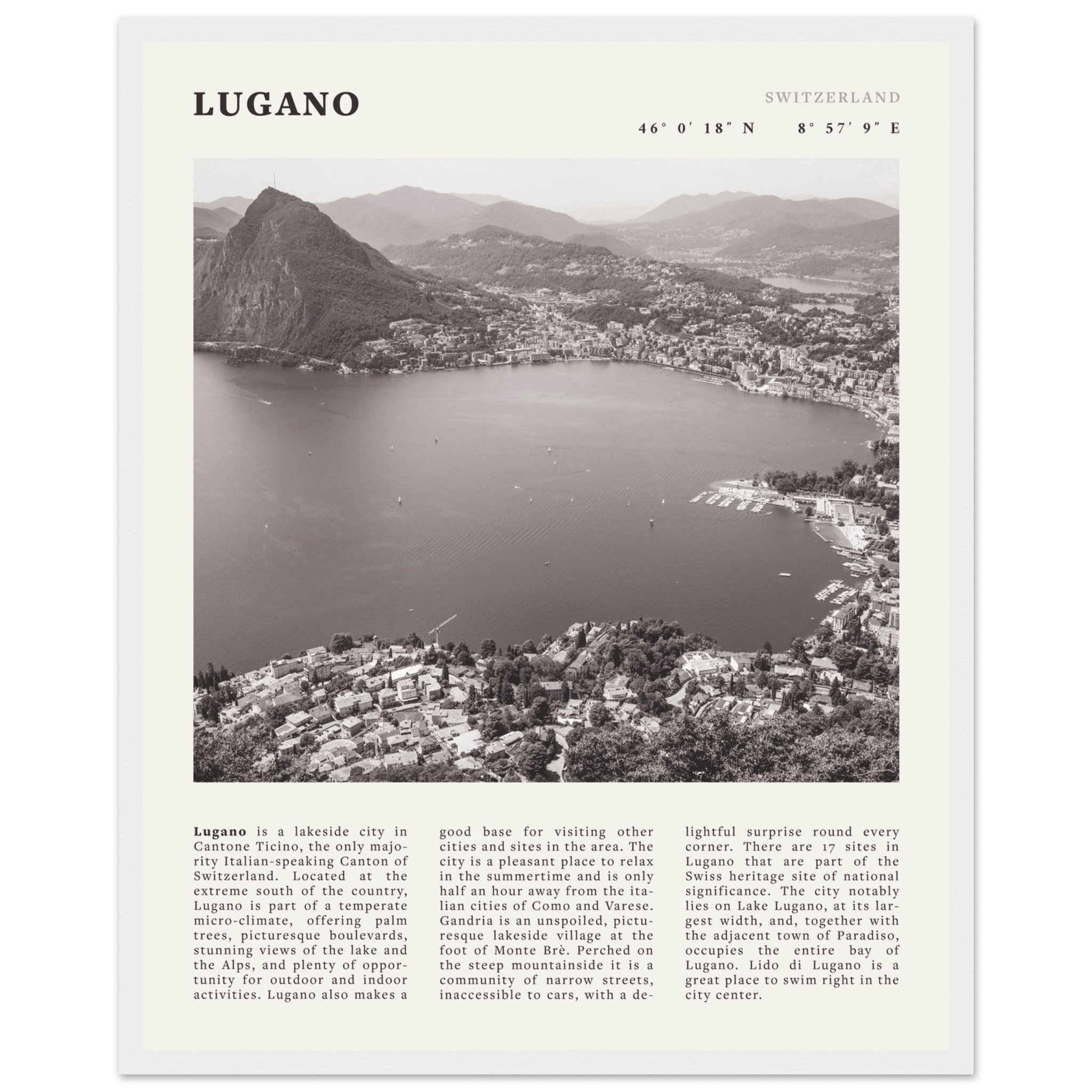 Lugano Poster | Black & White Swiss Lake Wall Art | Switzerland Travel Print - Evergreen Posters