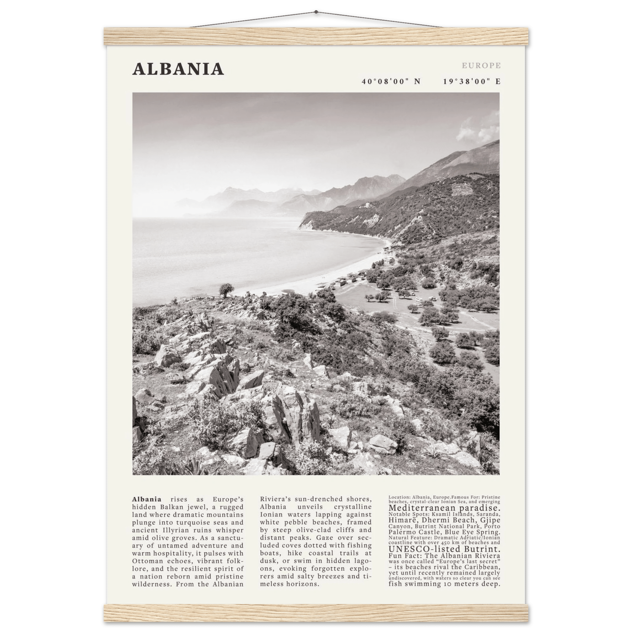 Albania Poster Black and White – Vintage Albanian Riviera Travel Print (Digital & Printed Options) - Evergreen Posters