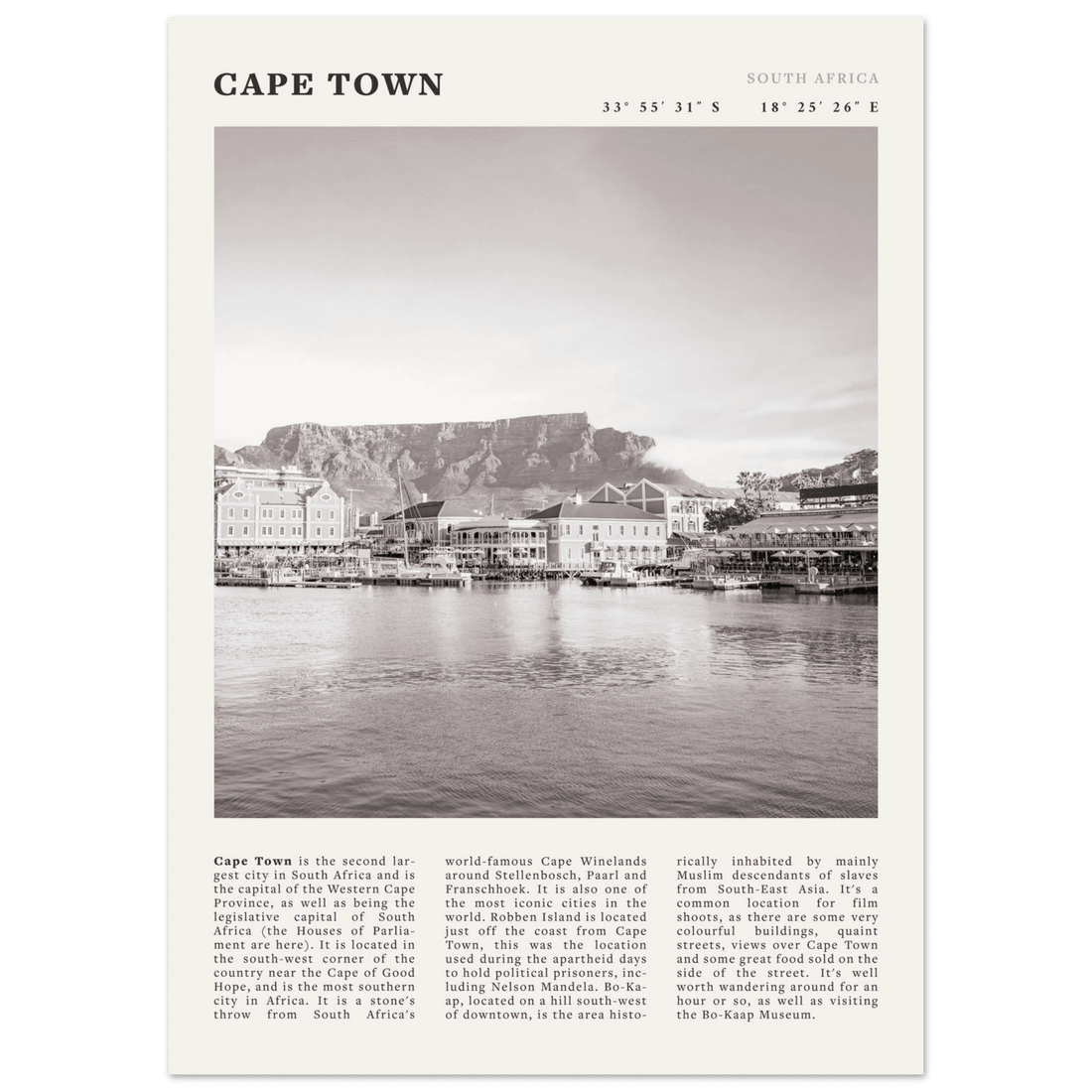 Cape Town Poster | Black & White Table Mountain Wall Art | South Africa Travel Print - Evergreen Posters
