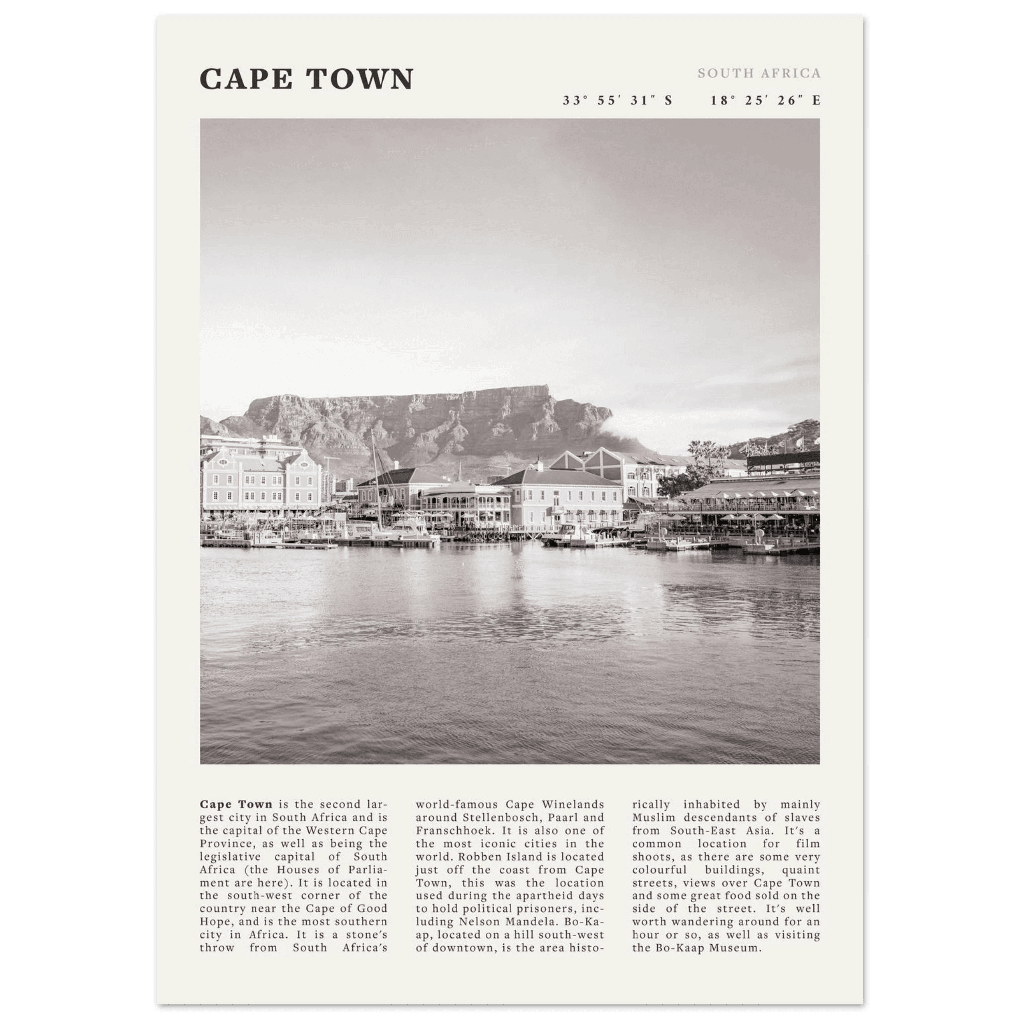 Cape Town Poster | Black & White Table Mountain Wall Art | South Africa Travel Print - Evergreen Posters