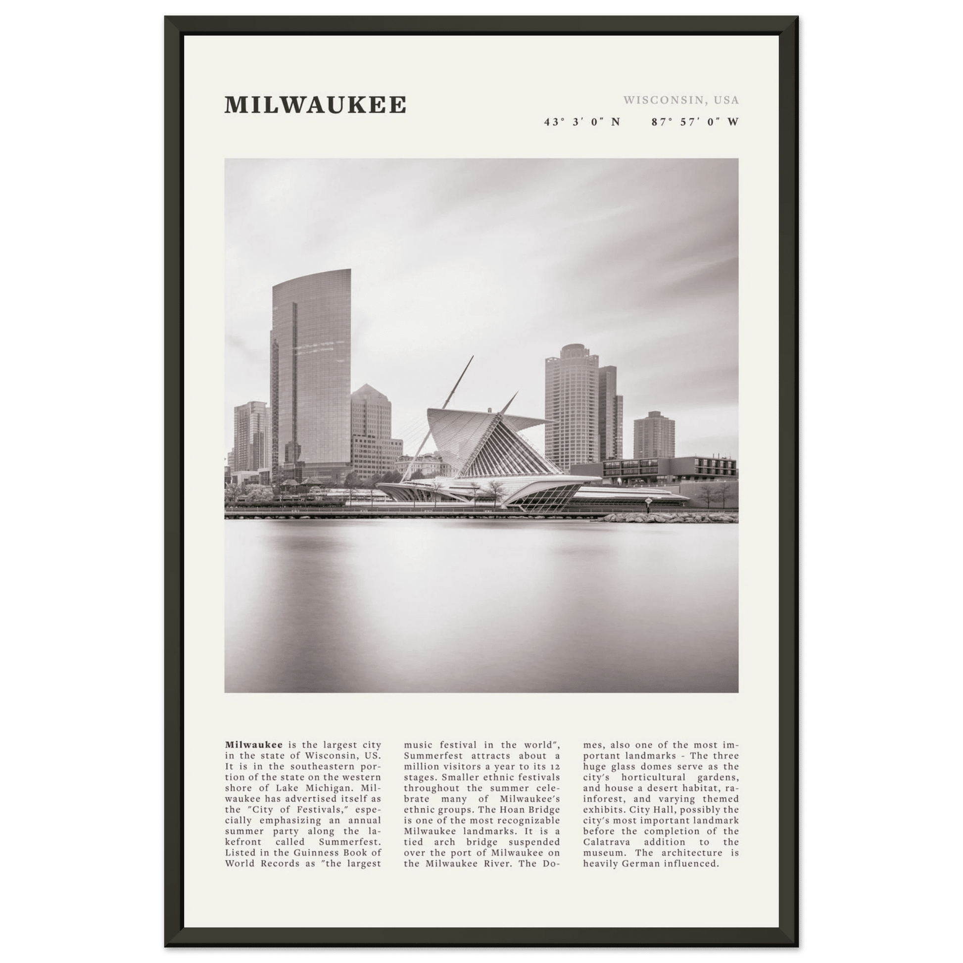 Milwaukee Poster | Black & White Wisconsin City Wall Art | USA Travel Print - Evergreen Posters