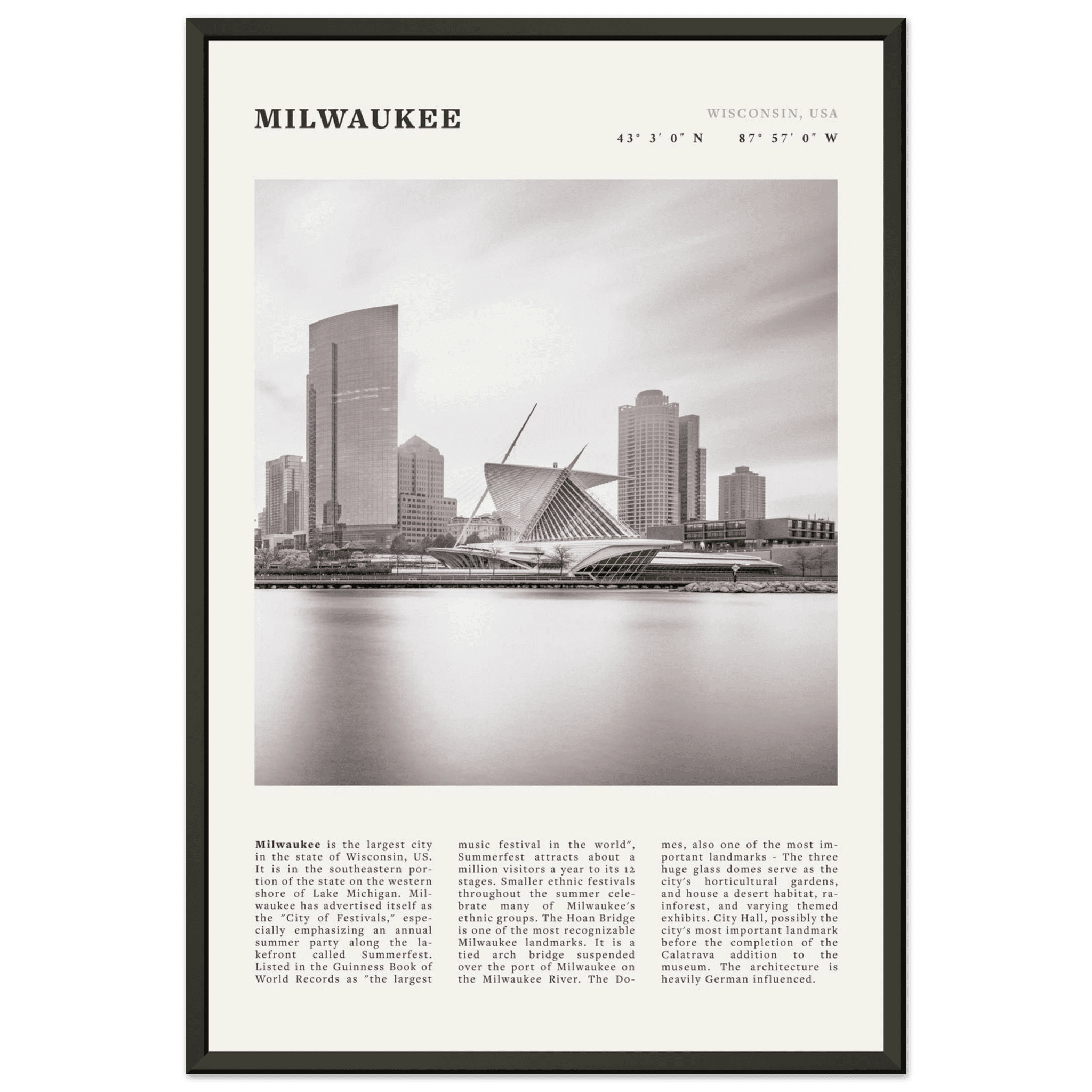 Milwaukee Poster | Black & White Wisconsin City Wall Art | USA Travel Print - Evergreen Posters