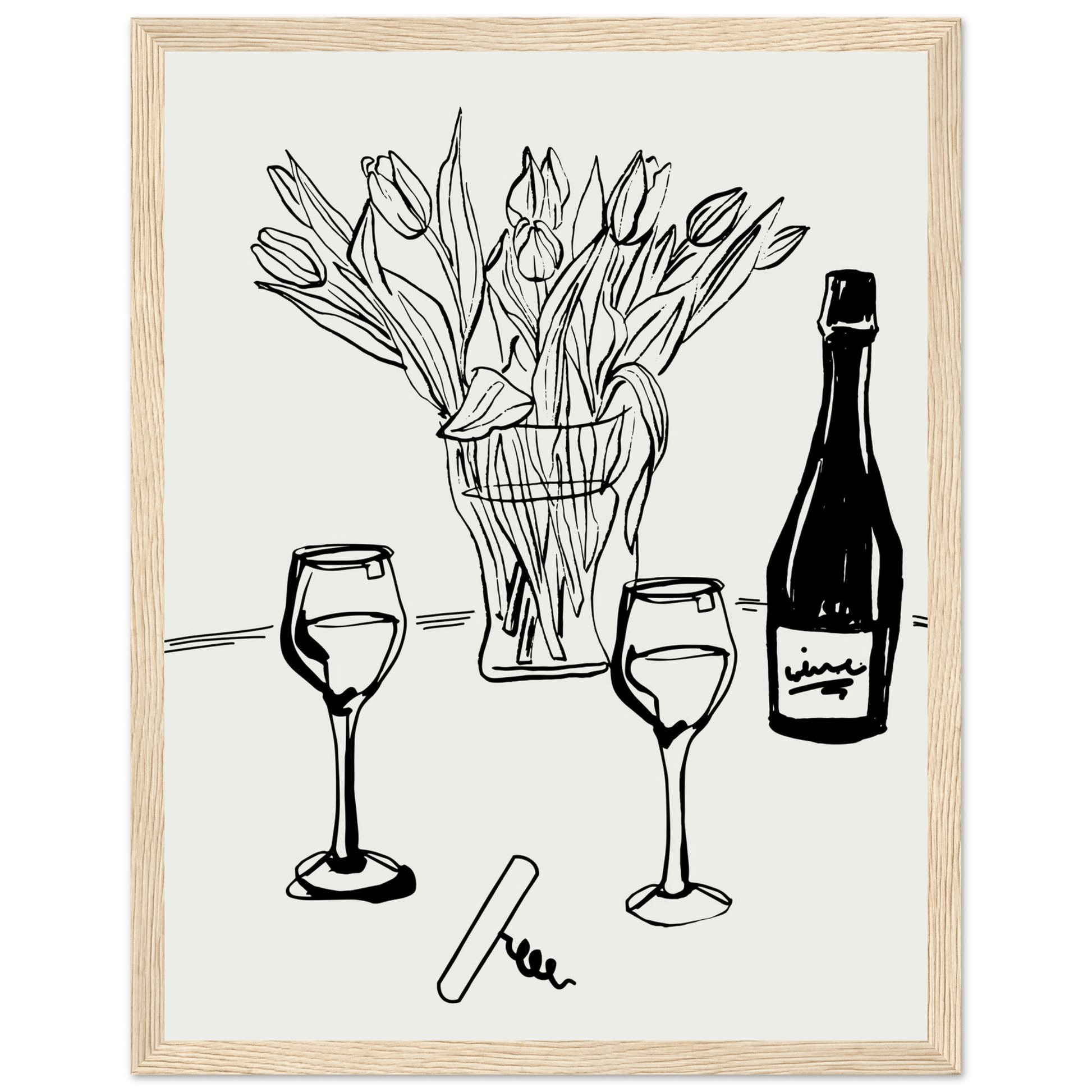 Wine & Tulips Print | Black Line Art Wine Bottle Wall Art | Minimalist Kitchen Poster - Evergreen Posters