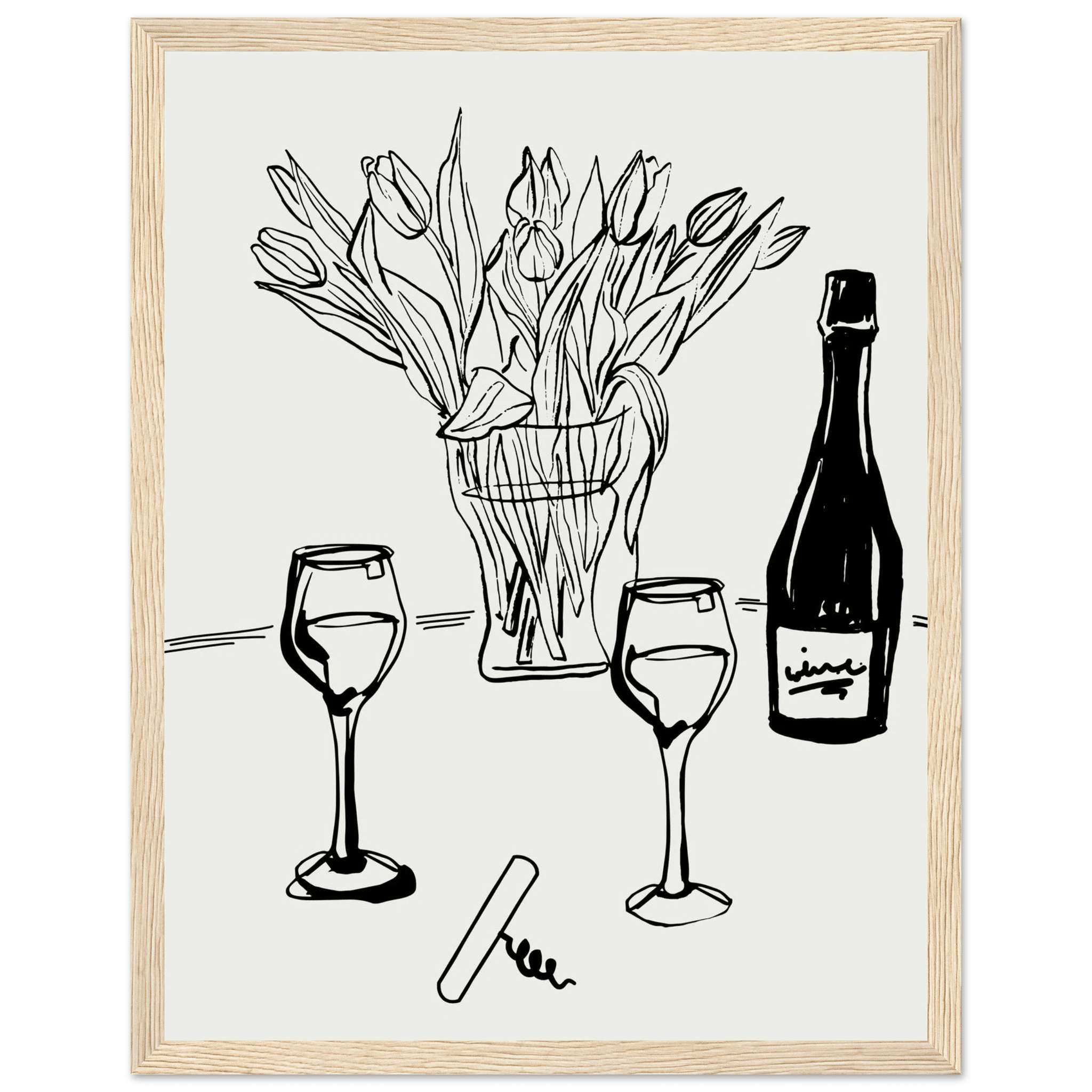 Wine & Tulips Print | Black Line Art Wine Bottle Wall Art | Minimalist Kitchen Poster - Evergreen Posters
