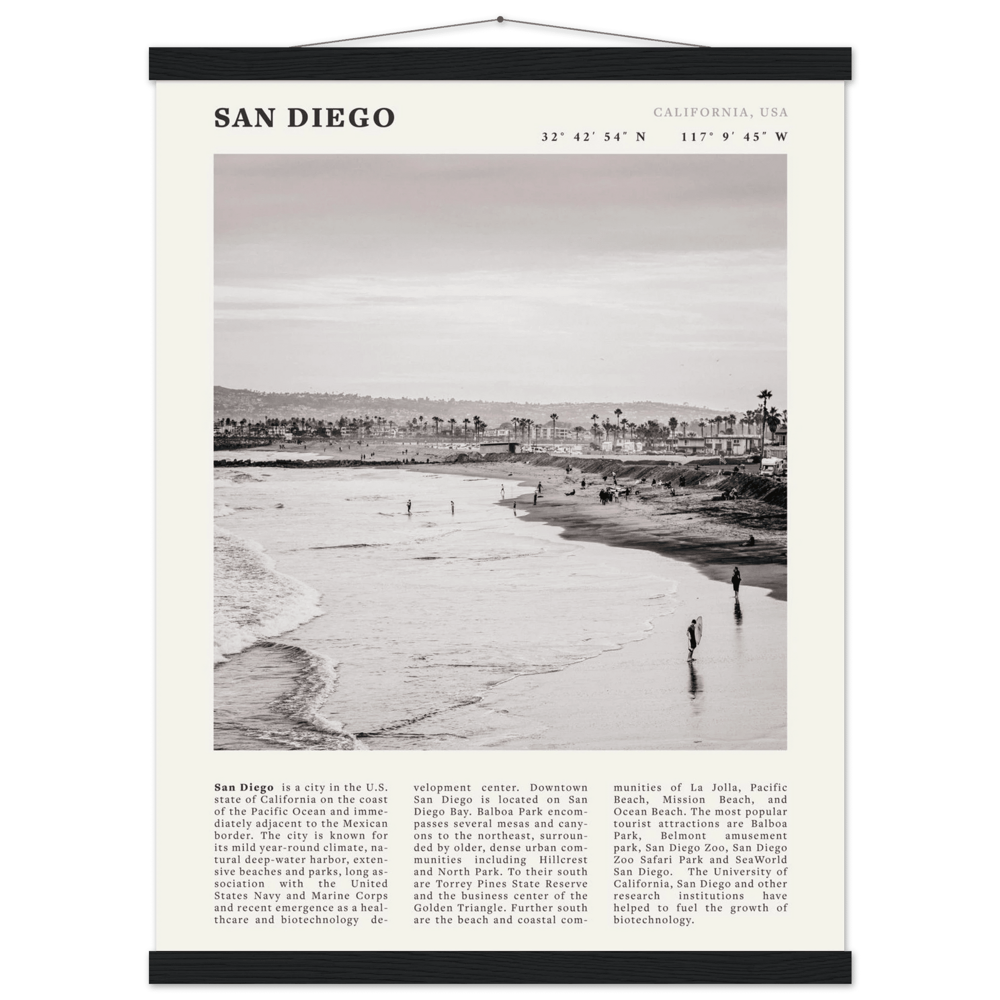 San Diego Poster | Black & White California Beach Wall Art | Coastal Travel Print Decor - Evergreen Posters