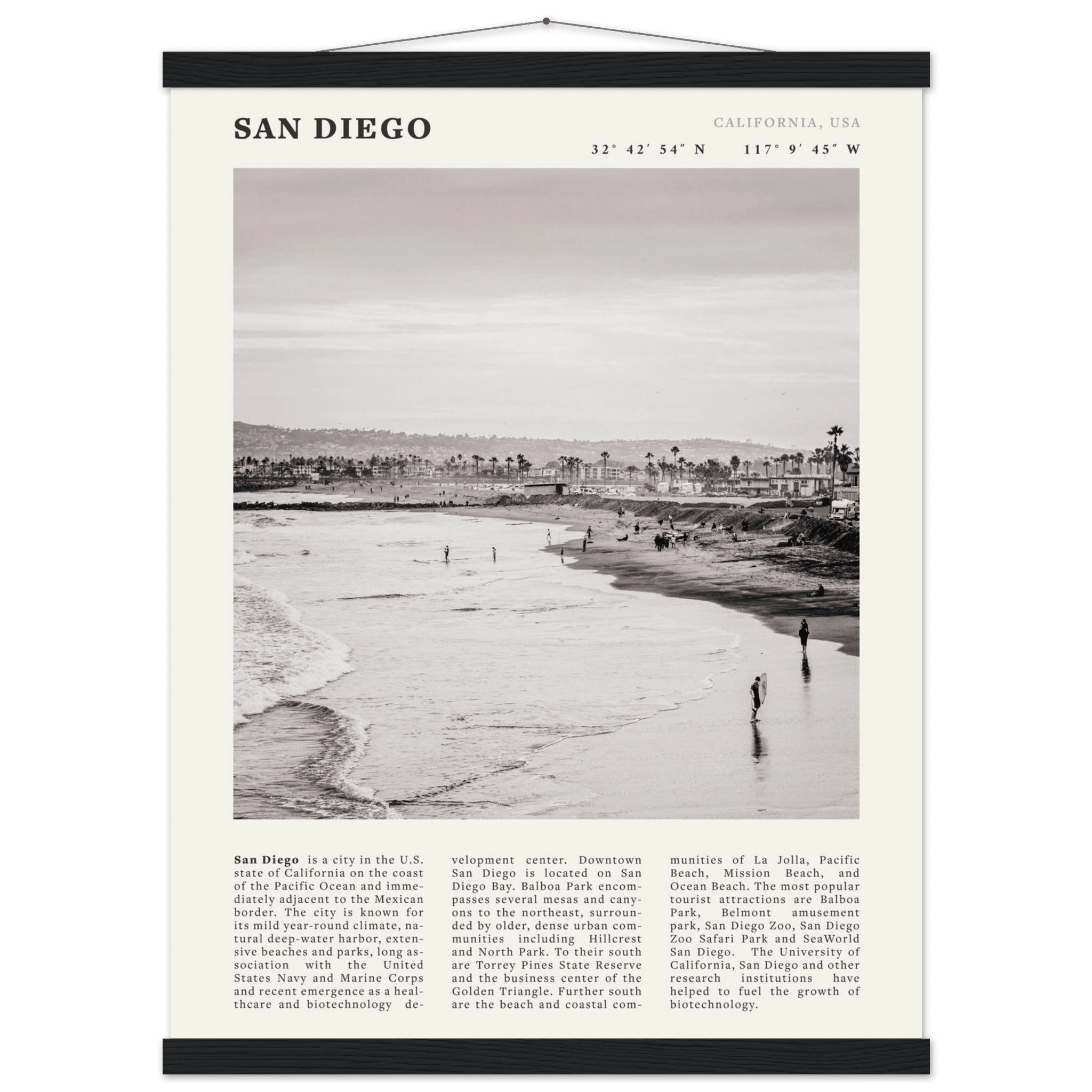 San Diego Poster | Black & White California Beach Wall Art | Coastal Travel Print Decor - Evergreen Posters
