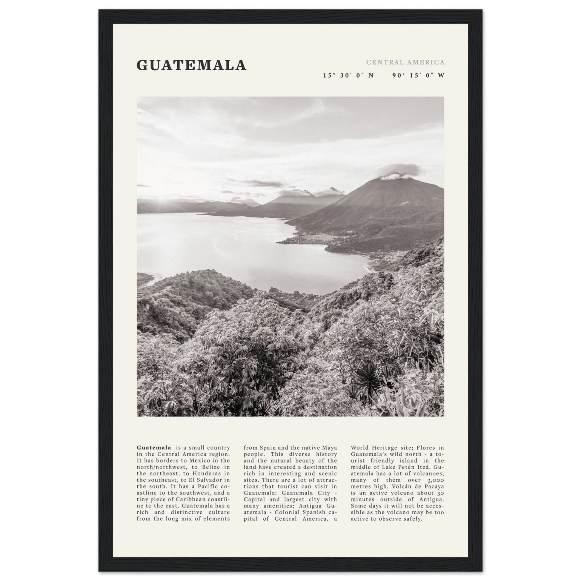 Guatemala Poster | Black & White Lake Atitlan Wall Art | Central America Travel Print - Evergreen Posters