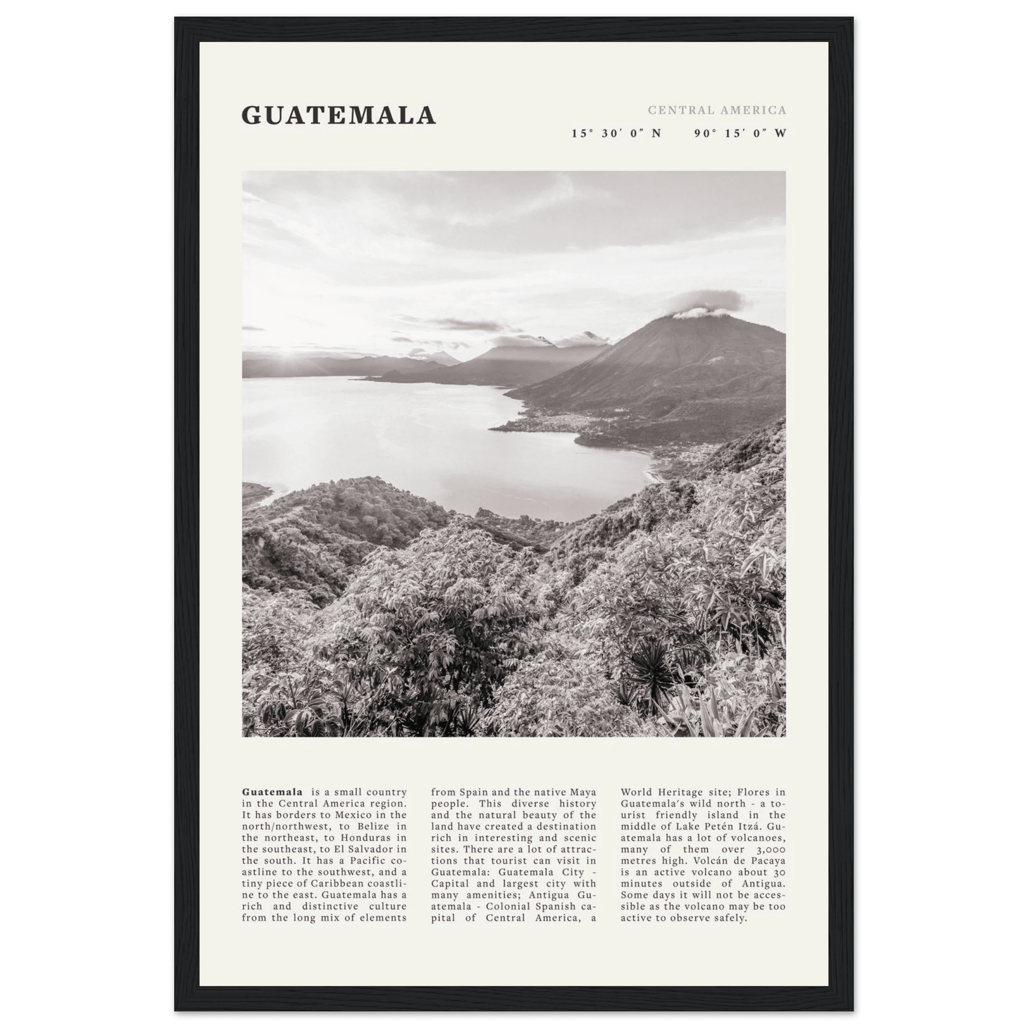 Guatemala Poster | Black & White Lake Atitlan Wall Art | Central America Travel Print - Evergreen Posters